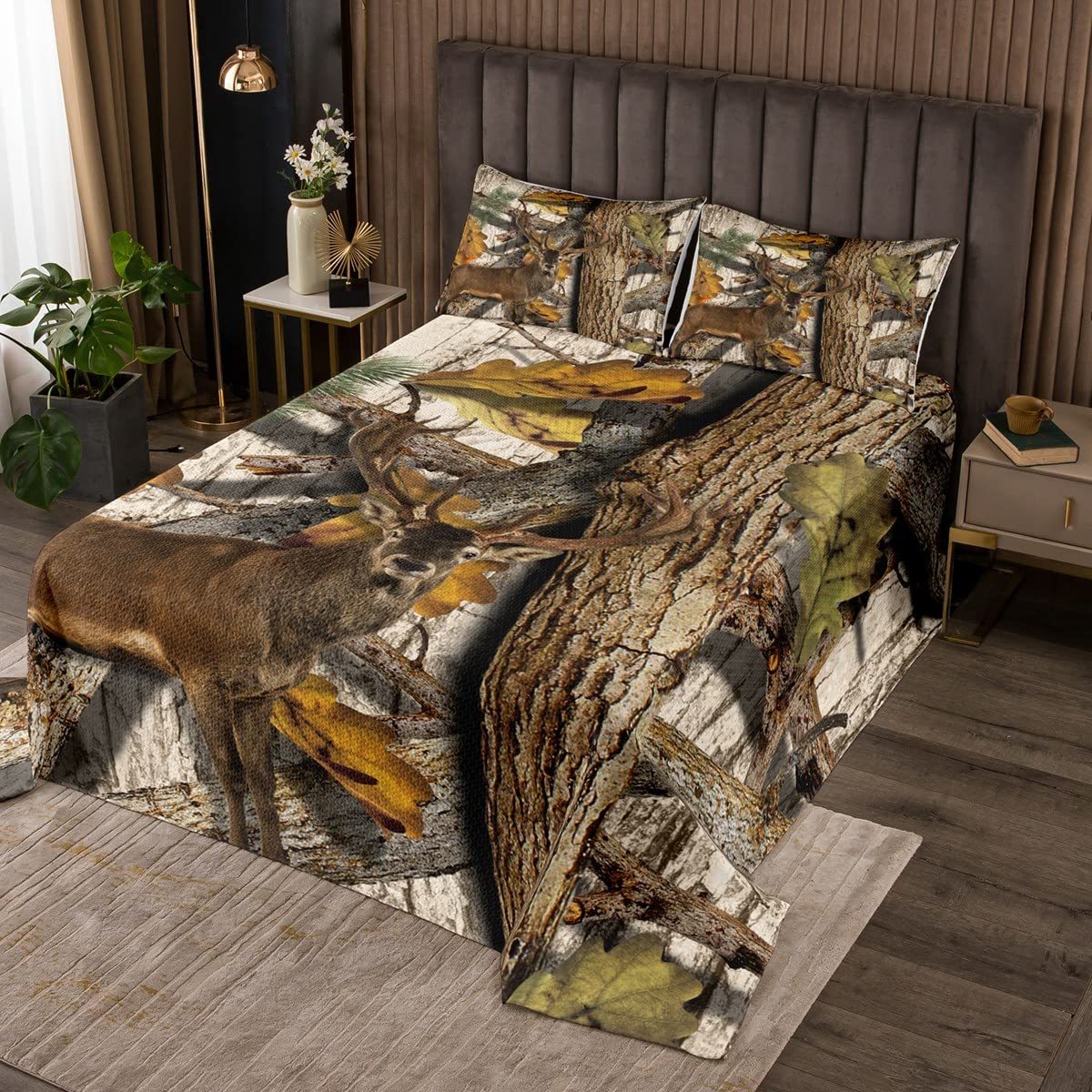 Homemissing Set di copriletto trapuntato con cervo mimetico, per bambini, ragazzi, ragazze, rustico, cervo alce in legno, motivo animali selvatici, trapuntato, matrimoniale