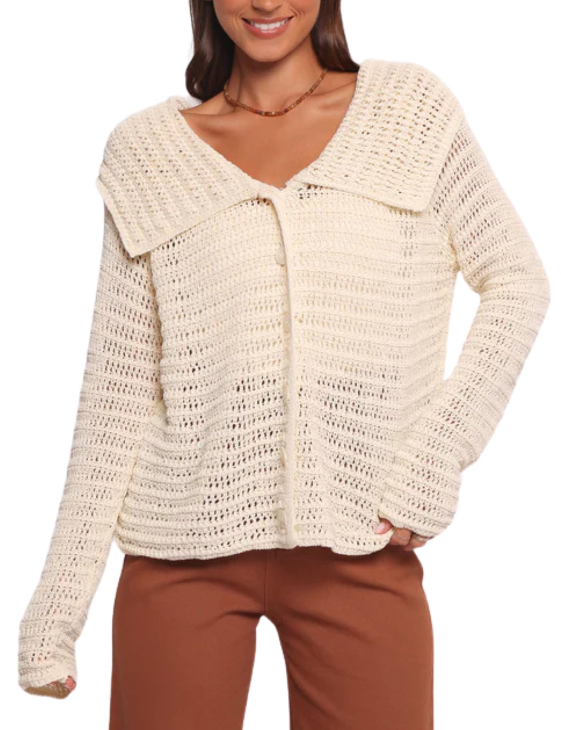 Womens Crochet Cardigans Sweater Navy Collar Long Sleeve Boho Cardigans Hollow Out Button Down Sweater
