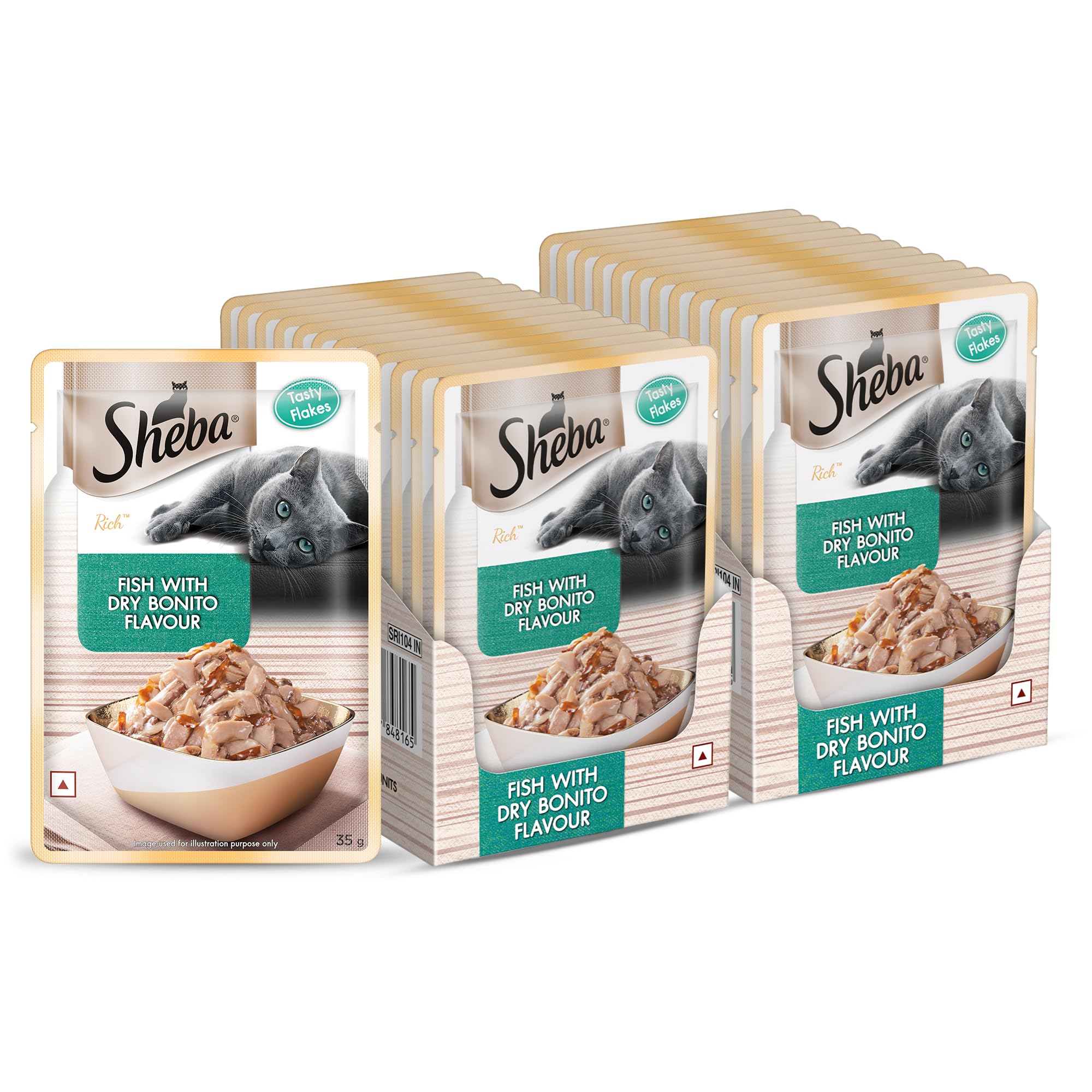 Rich Premium Adult (1+ Years) Wet Cat Food, Fish with Dry Bonito Flavour, 35 g Pouch (Pack of 24), High-Moisture Wet Food for Healthy Hydration