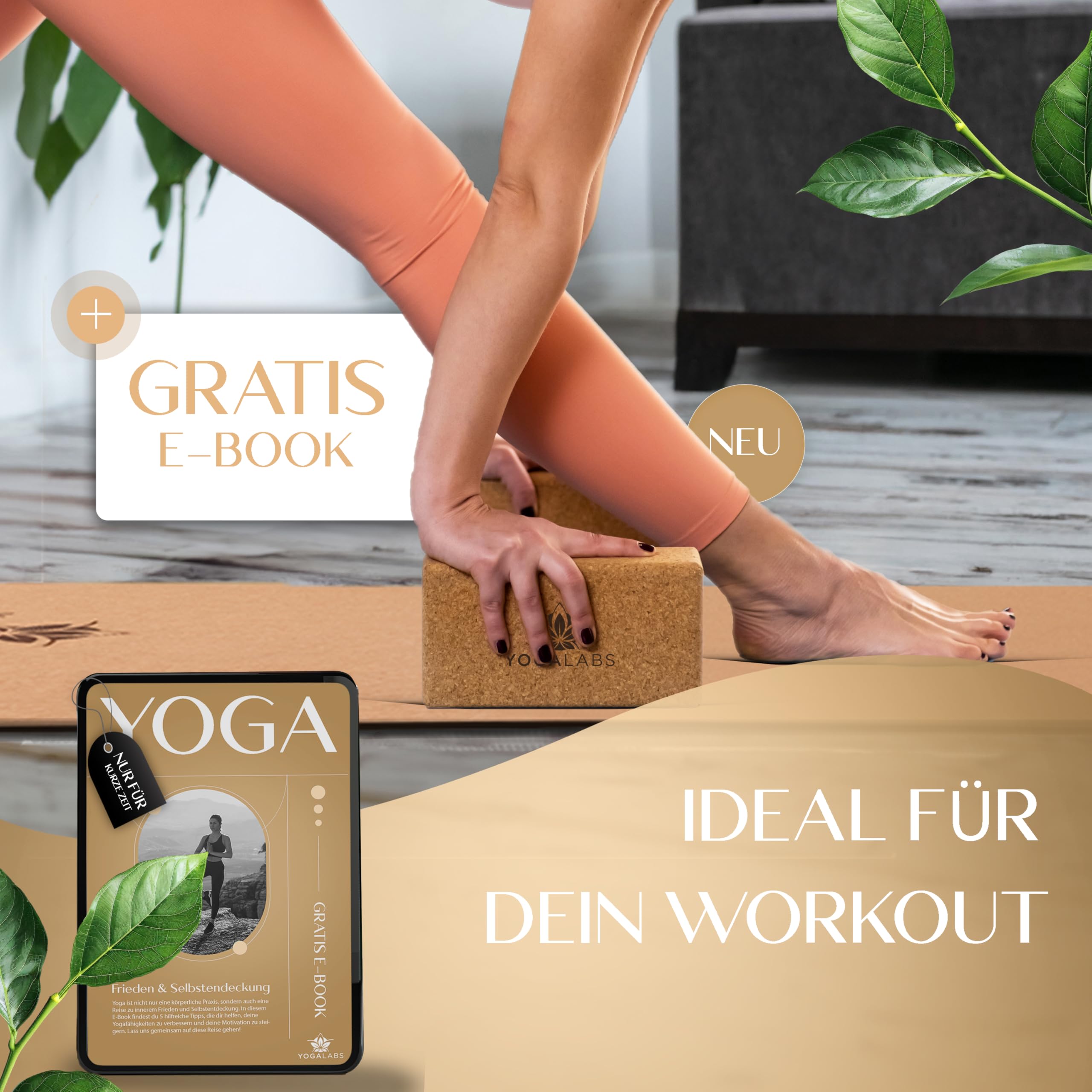 Premium Yoga Block (22,5x15,0x7,5) aus nachhaltigem Natur-Kork hautfreundlich - Yogablock & Meditation Zubehör für Rücken, Streching & Sitzen rutschfest - Yoga-Blöcke schadstofffrei