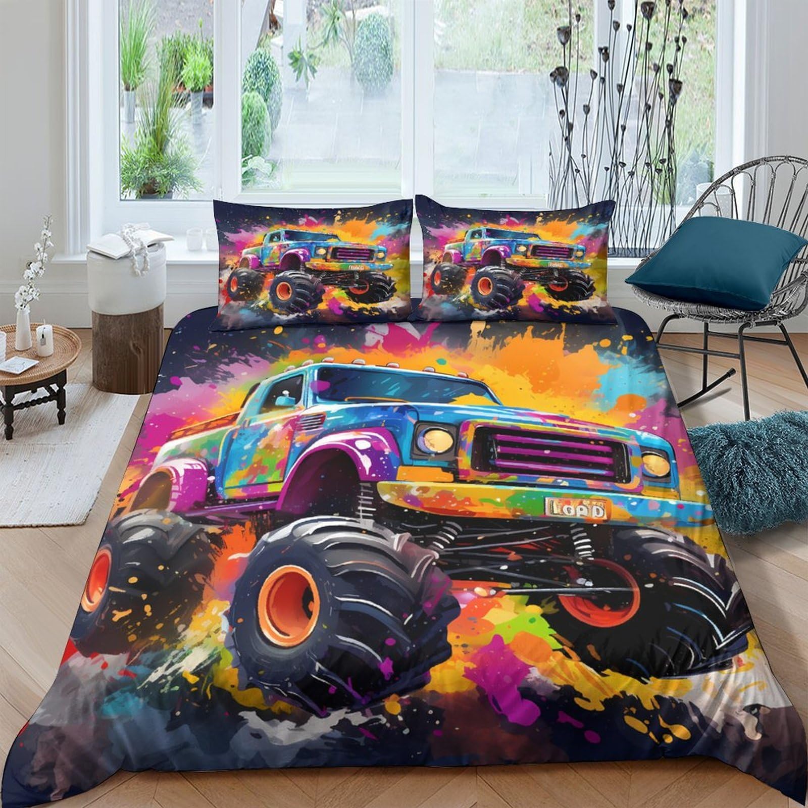 Ctjqhvkz Style-8 3D Printed Colorful Monster Truck Fitted Sheet Microfiber Soft Bed Cover Splash Art For Bedroom Guestroom Home Decor Single（135X200cm）
