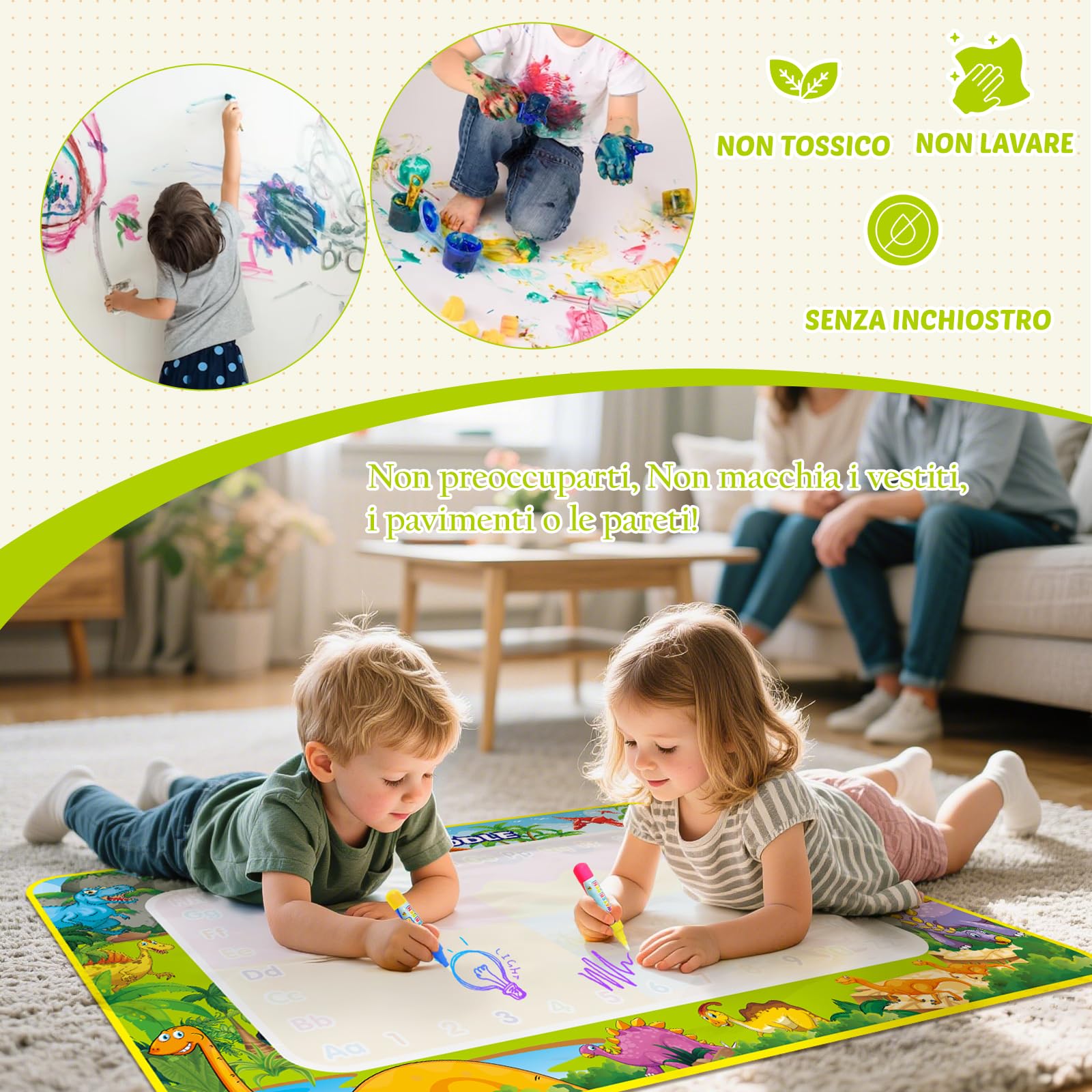 Regalo per bambini 1-3 anni – tappeto disegno acqua 110 x 70 cm, giocattolo per bambini 1 2 3 anni, giocattoli educativi per bambini da colorare gigante tappeto di pittura regalo per ragazzi e ragazze