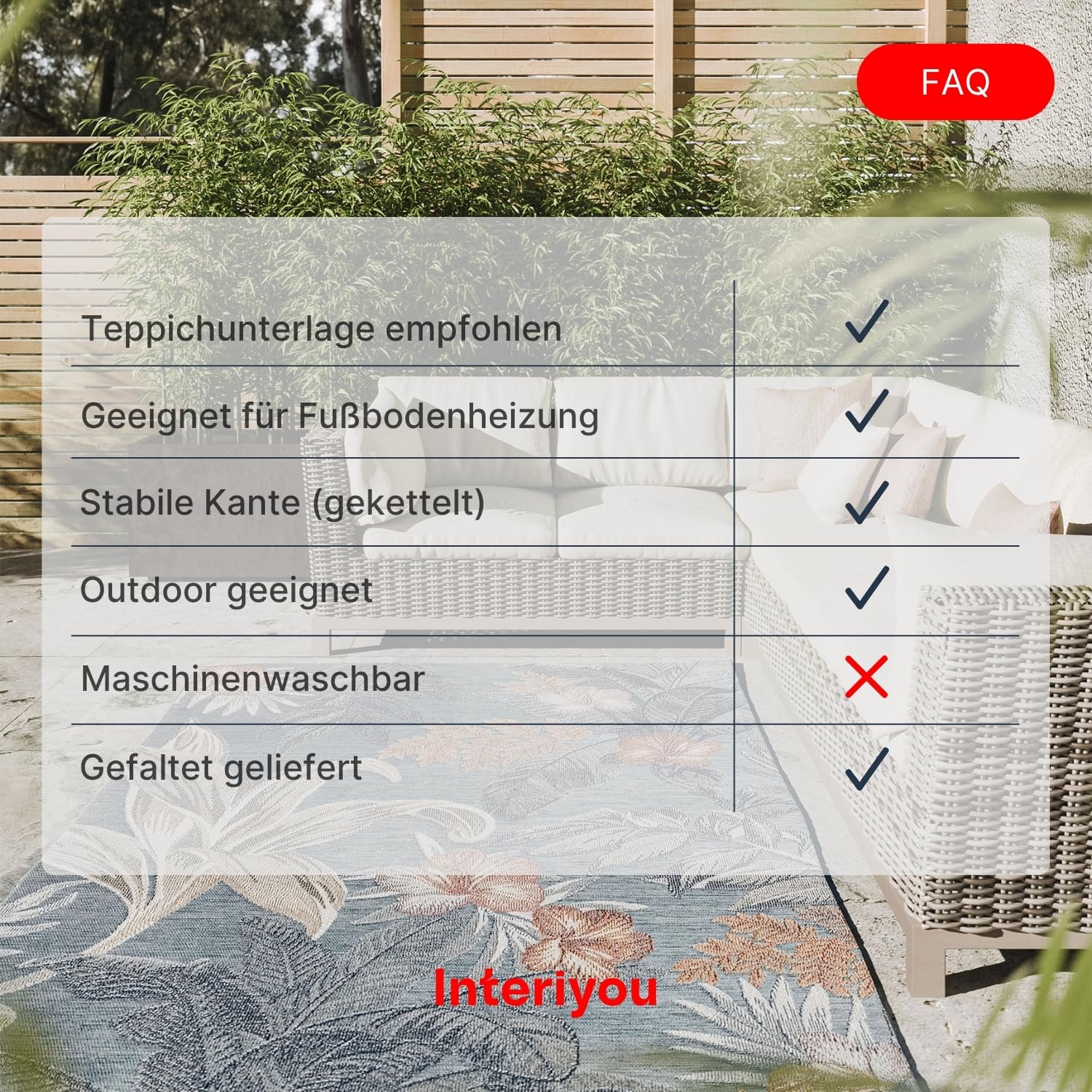 Interiyou Outdoor Teppich Wetterfest Florenz - 200x300 cm Multicolor - Wasserfest für Balkon, Terrasse, Garten - Outdoorteppich passend auch für Wohnzimmer, Schlafzimmer und Küche - Aussenteppich