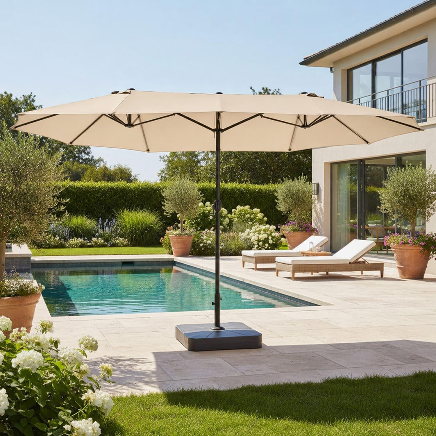 Ombrellone Doppio Da Giardino Parasole 4.6 x 2.4 M Per Esterno Piscina Terrazzo Con Palo In Acciaio E Tessuto In Poliestere Impermeabilie Anti UV Apertura A Manovella Colore Beige