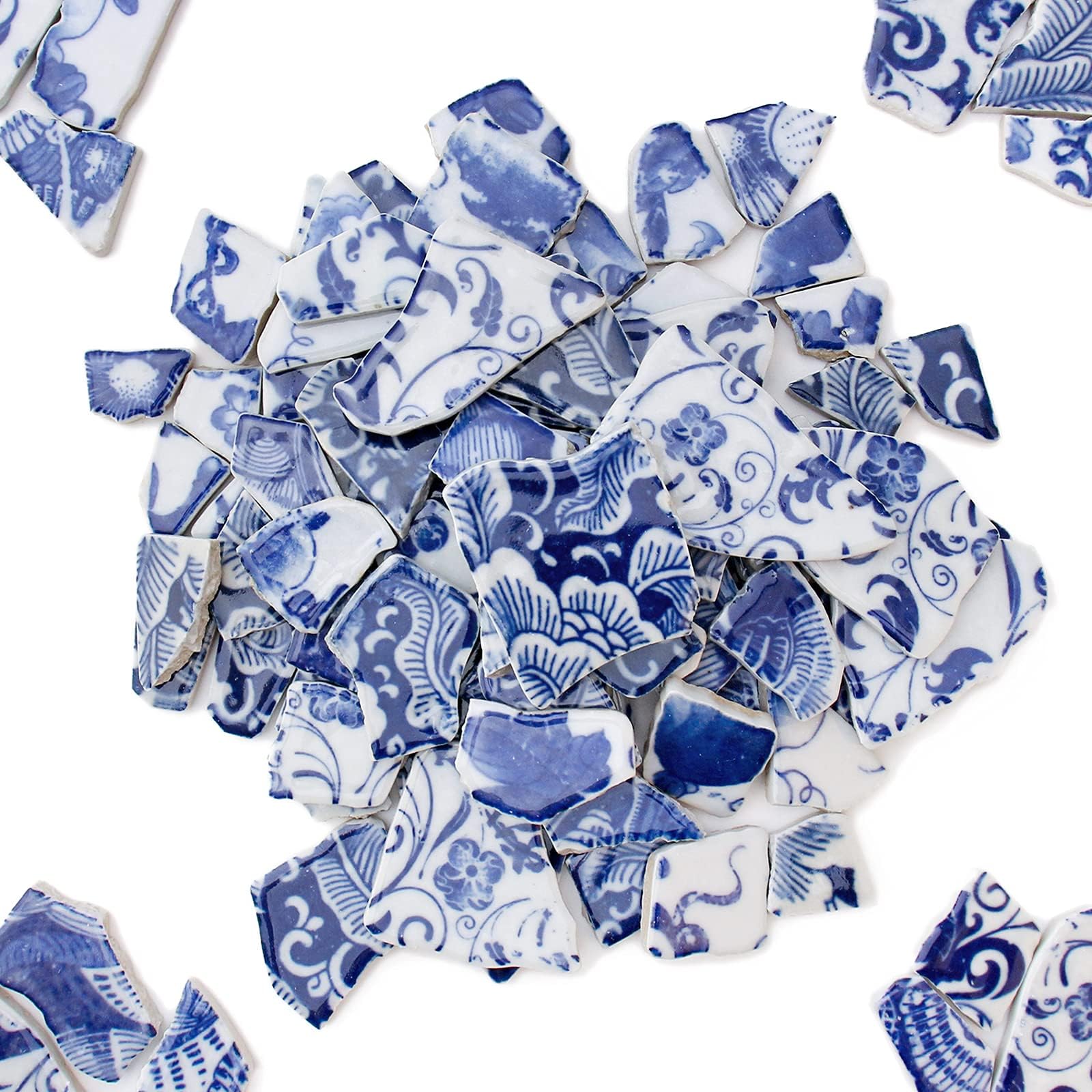 Blue and White Mosaic Tiles for Crafts Bulk,680g Vintage Floral Mosaic Pieces, Broken Tiles for Mosaics Supplies, DIY Mosaic Table Top Decor