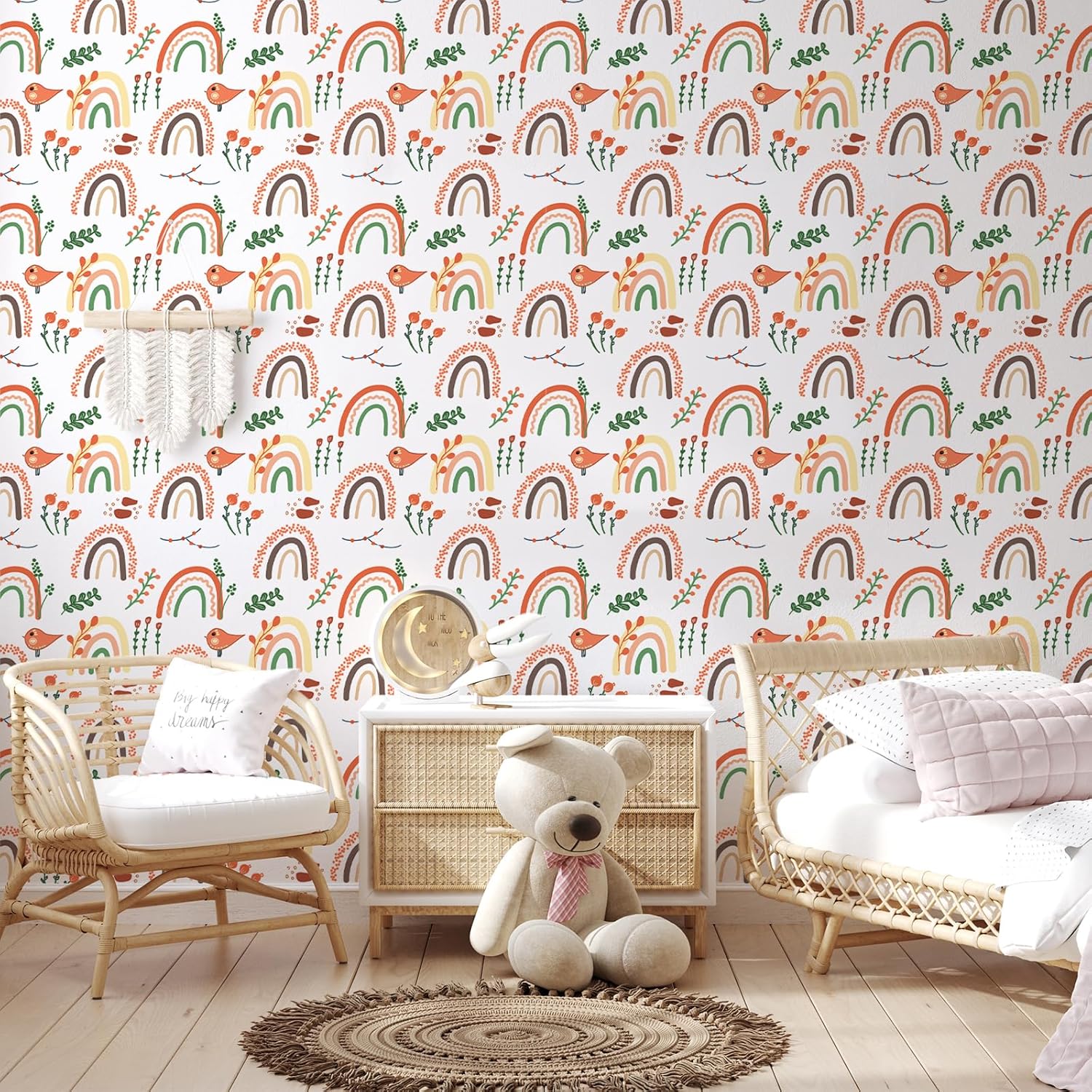 Colorful Rainbow Wallpaper Bird Floral Peel and Stick Wallpaper for Bedroom Bathroom Nursery Removable Decorative Boho Wall Paper Self Adhesive Vinyl Roll for Cabinets Desks Walls 12"x100"