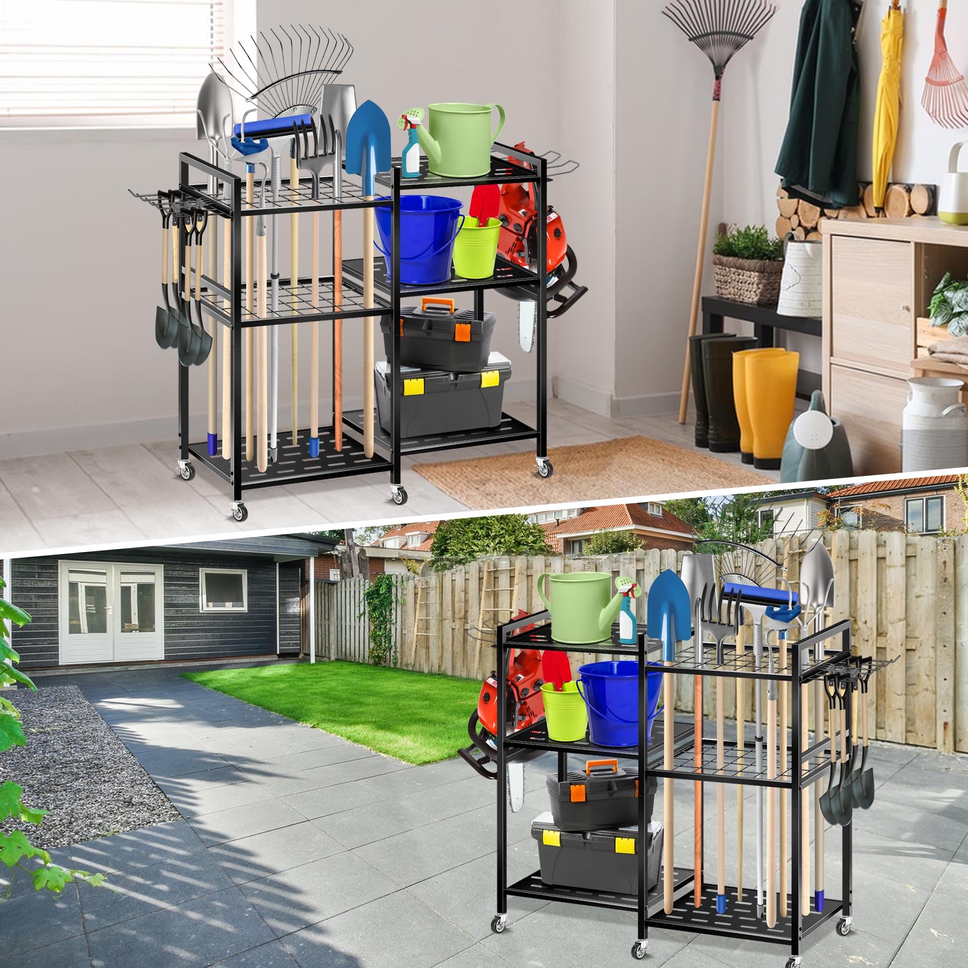 Mimoke Garten Werkzeugregal Metall mit 6 Rollen | Schwerlast Aufbewahrungsregal, Stabiler Werkzeugständer, Für Garten, Garage, Keller & Werkstatt