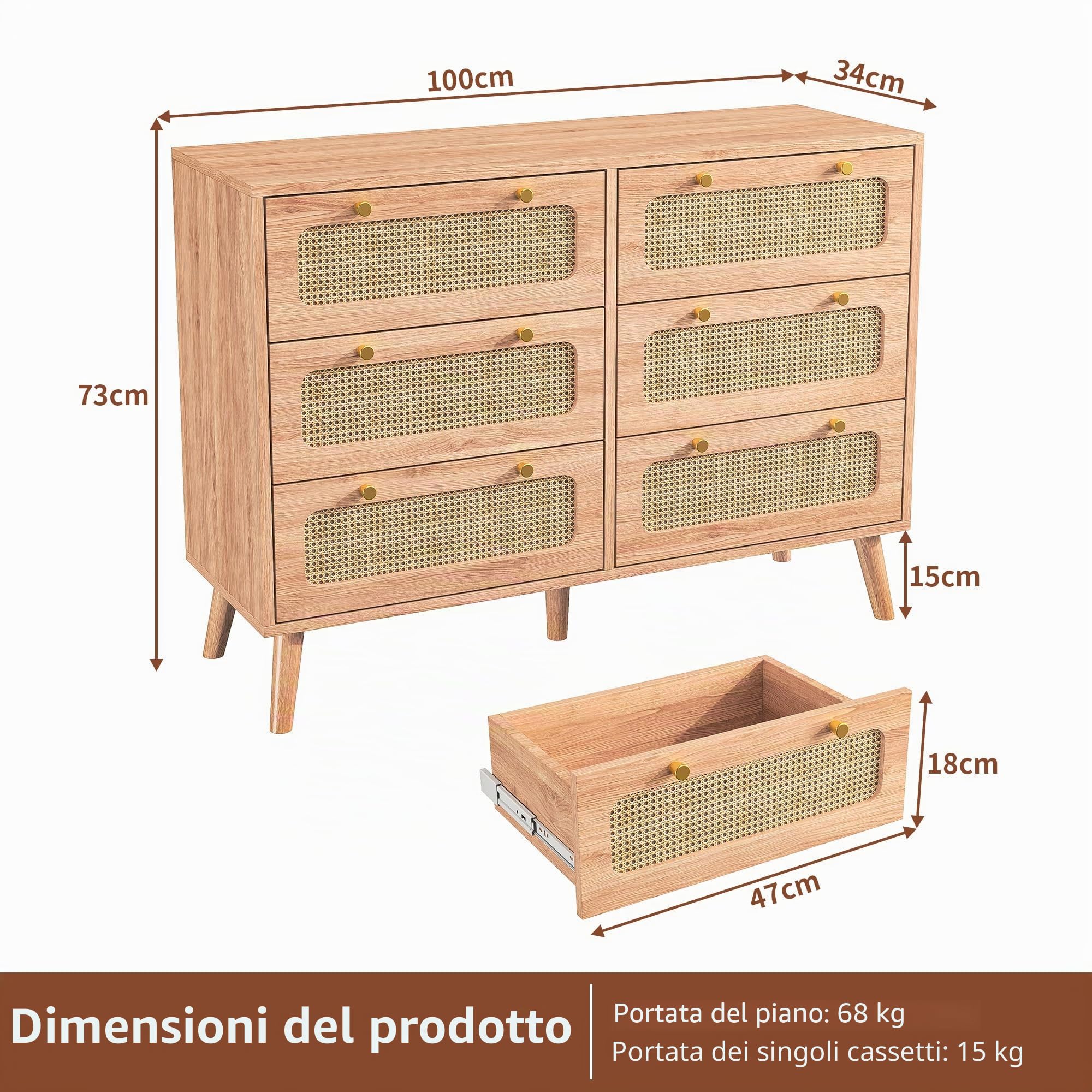 Cassettiera con 6 cassetti, in rattan, camera da letto, cassettiera moderna, cassettiera in legno con manici dorati, credenza, cassettiera per corridoio, soggiorno, camera da letto