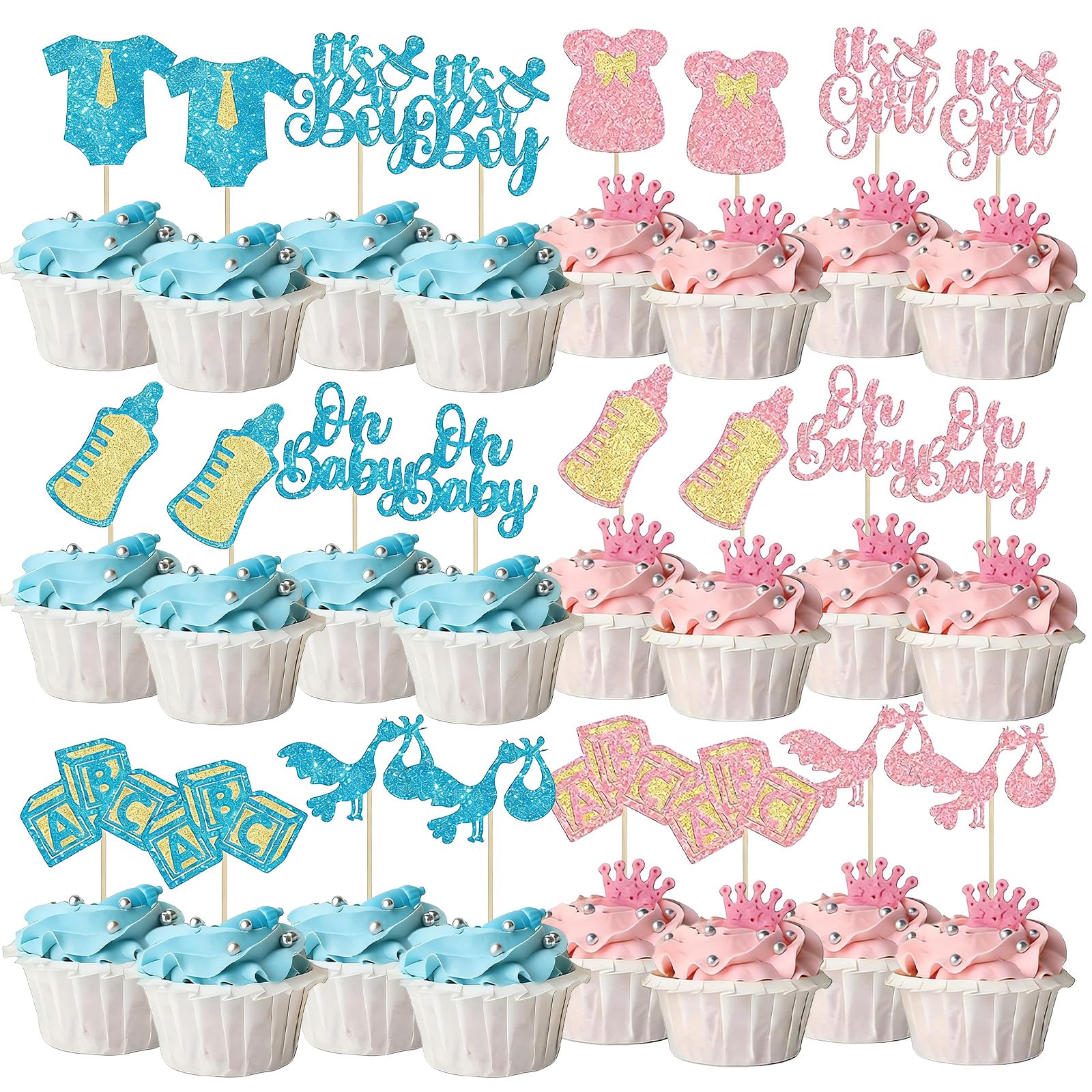 BRTNUP 24 Pack Gender Reveal Cupcake Toppers, Baby Shower Decorations for Gender Reveal Party Supplies Kids Birthday and Theme Cake Decorations Pack Glitter Boy or Girl Cupcake Toppers (Multicolor D) — image 1