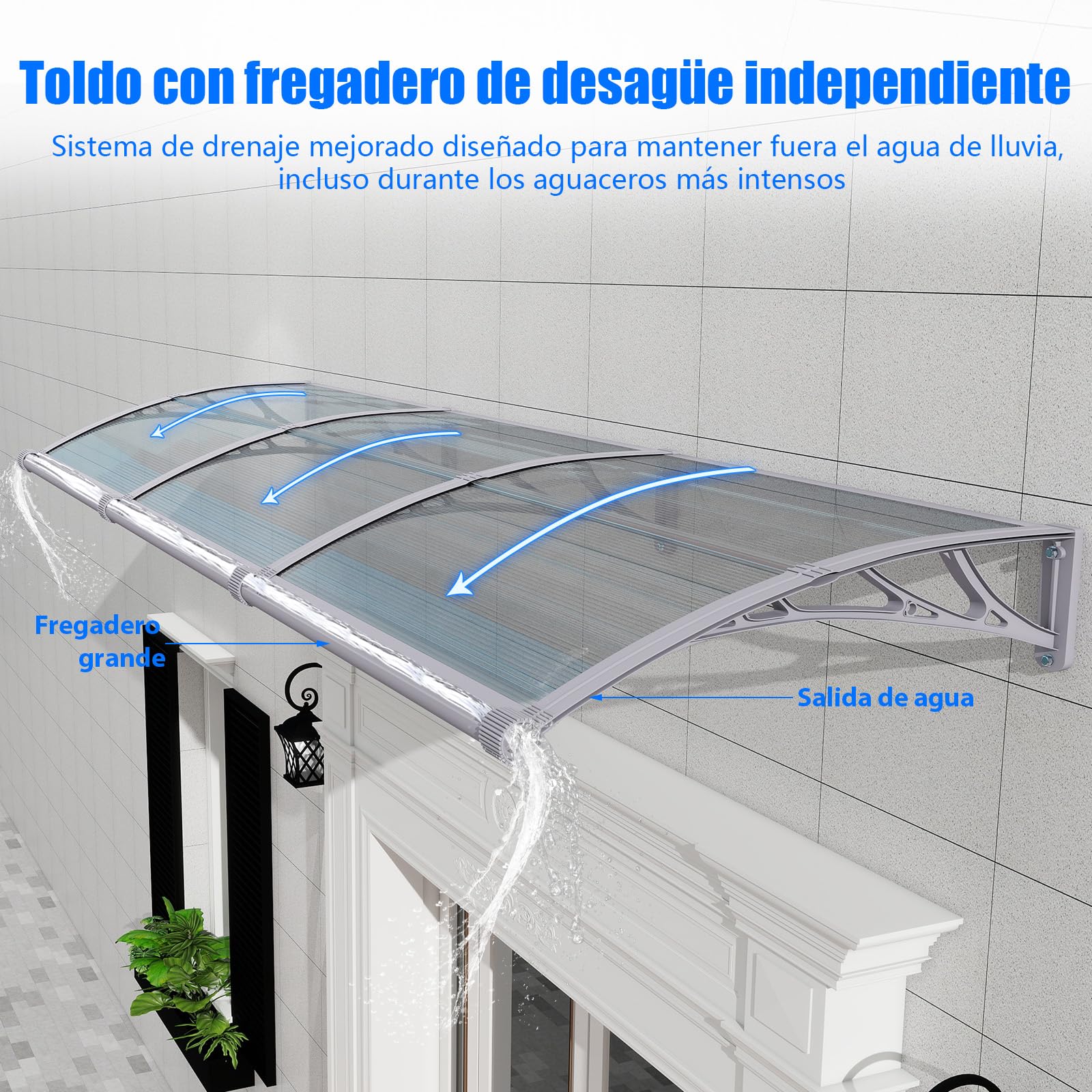 Marquesina para Puerta Exterior 100x80 CM,Tejadillo de Protección con Fregadero de Drenaje contra Lluvia y Rayos UV,Cubierta de Policarbonato para Puertas,Ventanas,Porches,Patios y Terrazas