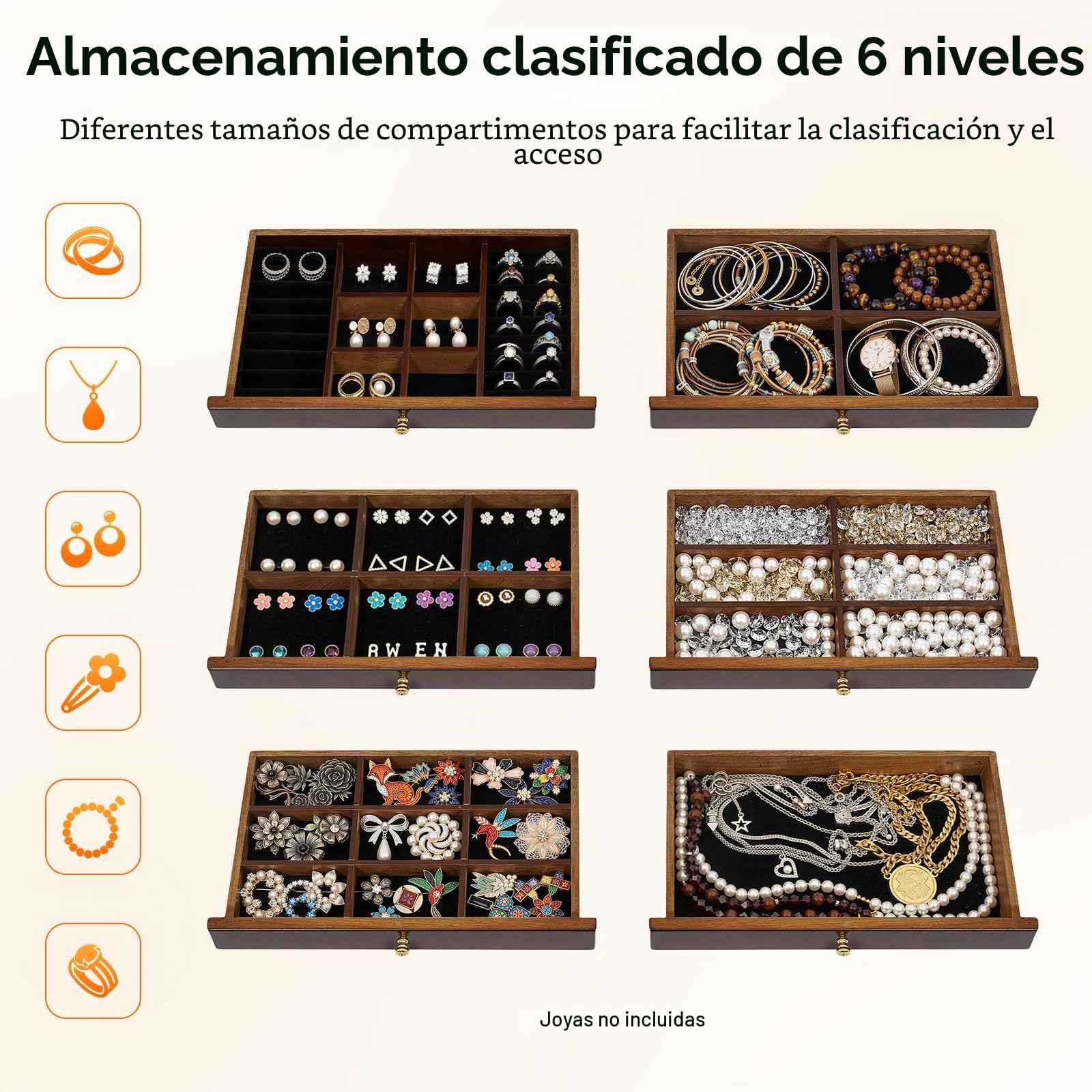 Joyero de madera grande con 6 niveles, caja de joyería con 5 cajones para anillos, pendientes, pulseras, collares, color marrón