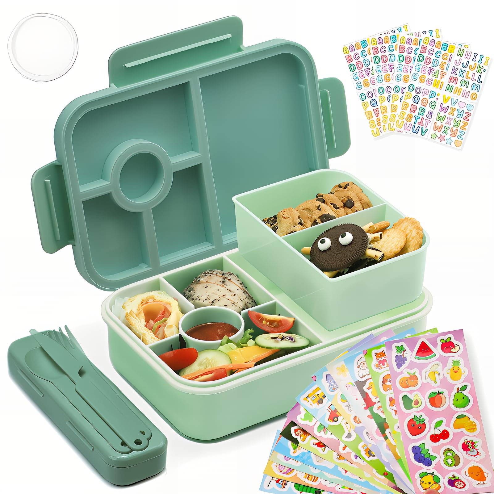 Bugucat Lonchera Bento de 1300 ml con 16 calcomanías, a prueba de fugas, con 4 compartimentos, cubiertos para niños y adultos, caja de aperitivos para escuela, jardín de infantes, oficina, color verde