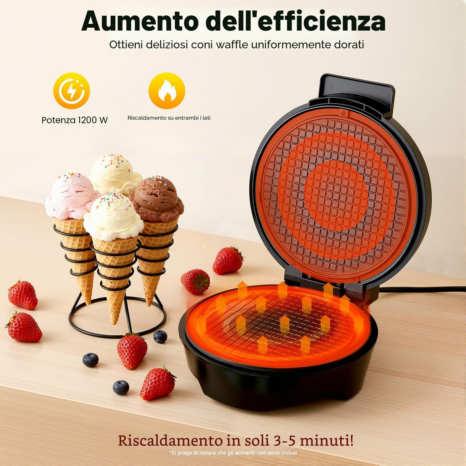 Piastra per waffle sottile per gelato, cialda elettrico, produttore di coni, antiaderente, piastra da forno in ferro, superficie di cottura, 20 cm, con spia conica, 1000 W