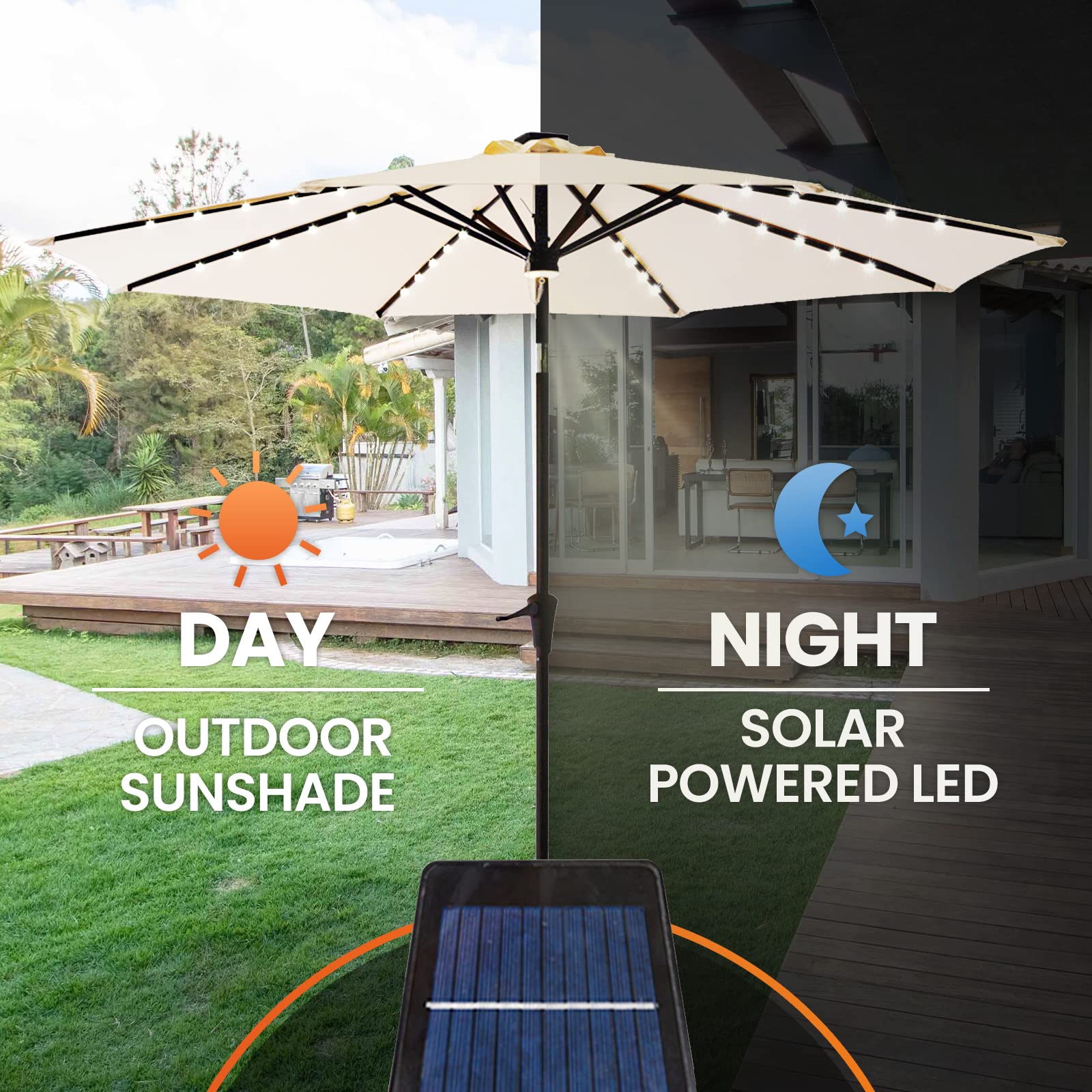 FLAMEu0026SHADE 11ft Solar Power LED Light Outdoor Parasol Patio Market Umbrella  with Crank Lift, Push Button Tilt, Beige : Amazon.co.uk: Garden