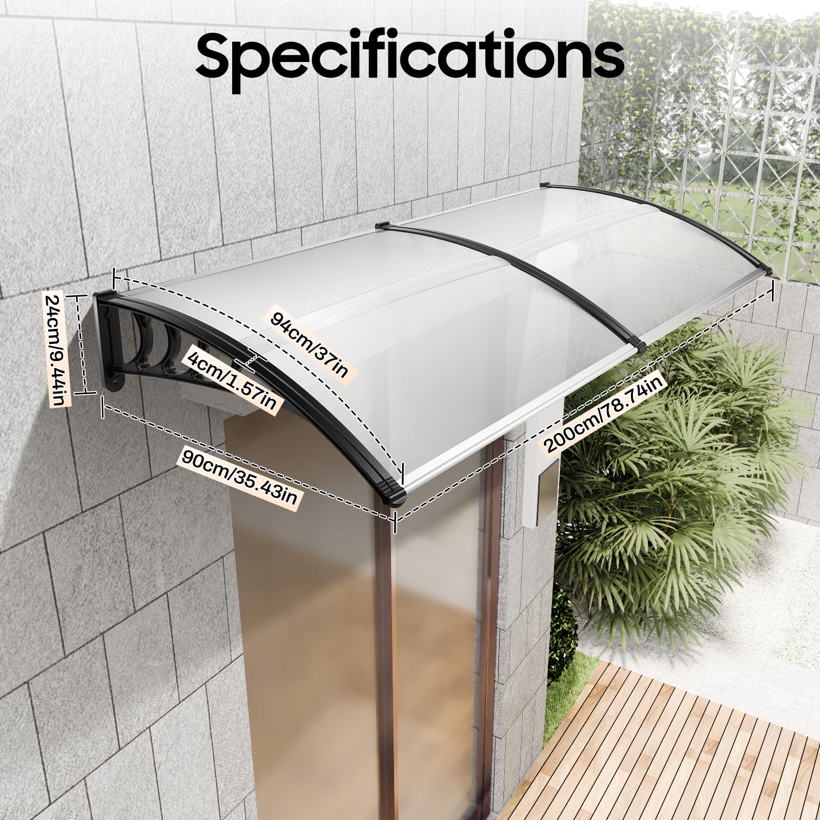 Marquesina para puerta de casa, 200 x 90 cm, tasa de protección UV del 95% y ignífugo, transparente, para puertas, ventanas, balcones, garajes