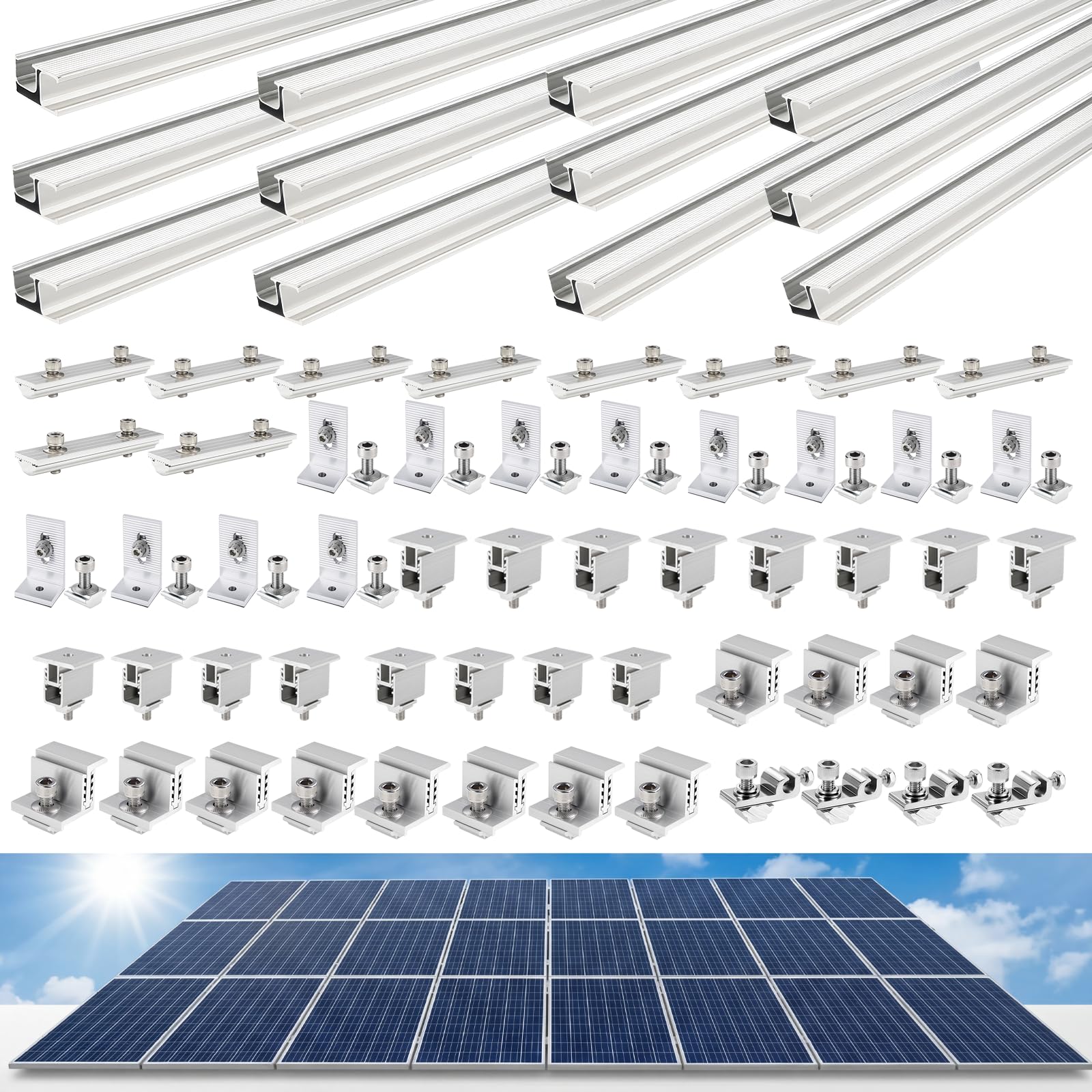 Photo 1 of Mindoub Solar Panel Mounting Rail Kit for 13 x 320W Panels, Includes 20 x 47.2 Aluminum Rails, Adjustable Clamps, L-Brackets & Wire Management, Heavy Duty System for Metal, Tile, Shingle Roof