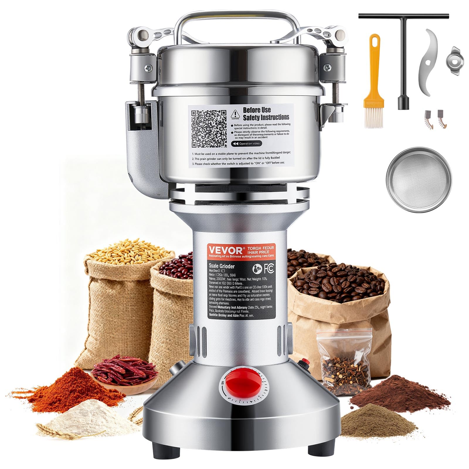 VEVOR Molinillo de Granos Eléctrico 1500 W Capacidad de 300 g Molinillo de Especias de Alta Velocidad con Pulverizador de Acero Inoxidable para Granos Secos Especias Cereales Café Maíz Pimienta