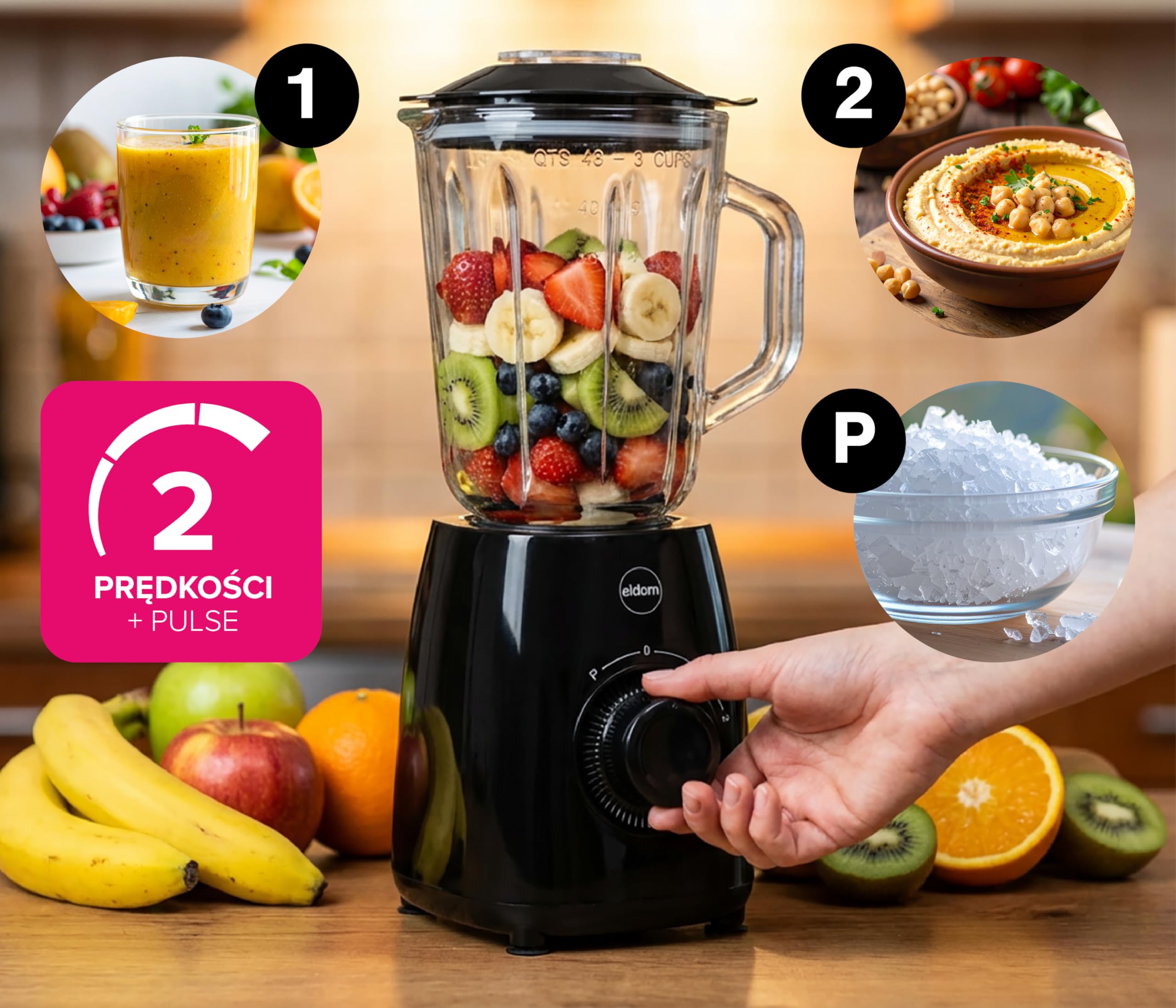 BK6 - Batidora de vaso (1000 W, con función Ice Crush, batidora de 1,8 L, 2 velocidades + pulsos, cuchillo de acero inoxidable, 22.000 rpm, sin BPA, batidora para batidos, sopas y helados) Eldom