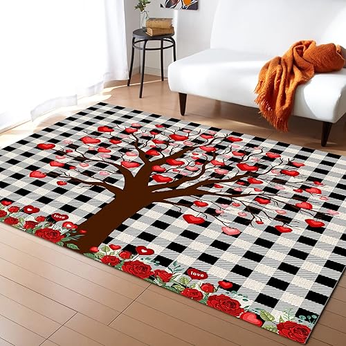 Alfombra de área para interiores de 3 x 5 pies alfombra antideslizante para el día de San Valentín para habitación de los niños árbol de amor rojo