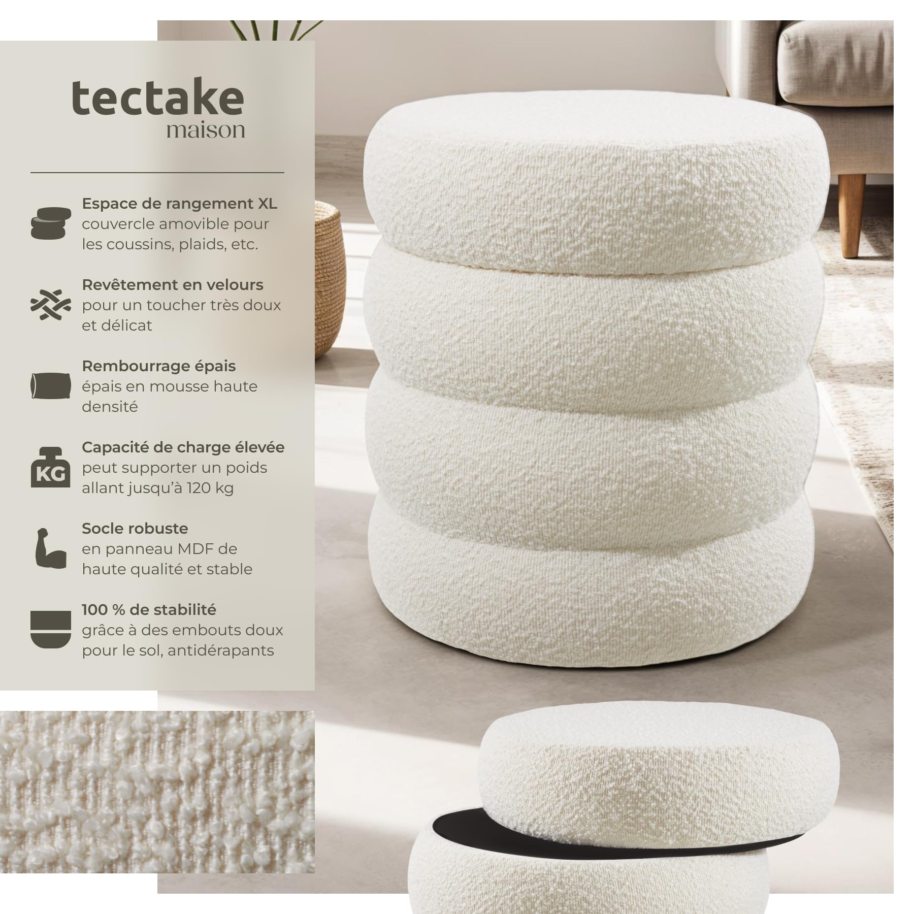 tectake® Tabouret Repose Pied Pouf avec Rangement Pouf Salon en Tissu Bouclette Crème Ø42x47cm jusqu'à 120 kg Design scandinave Cosy pour Coiffeuse, Salon, Chambre, Bureau, entrée