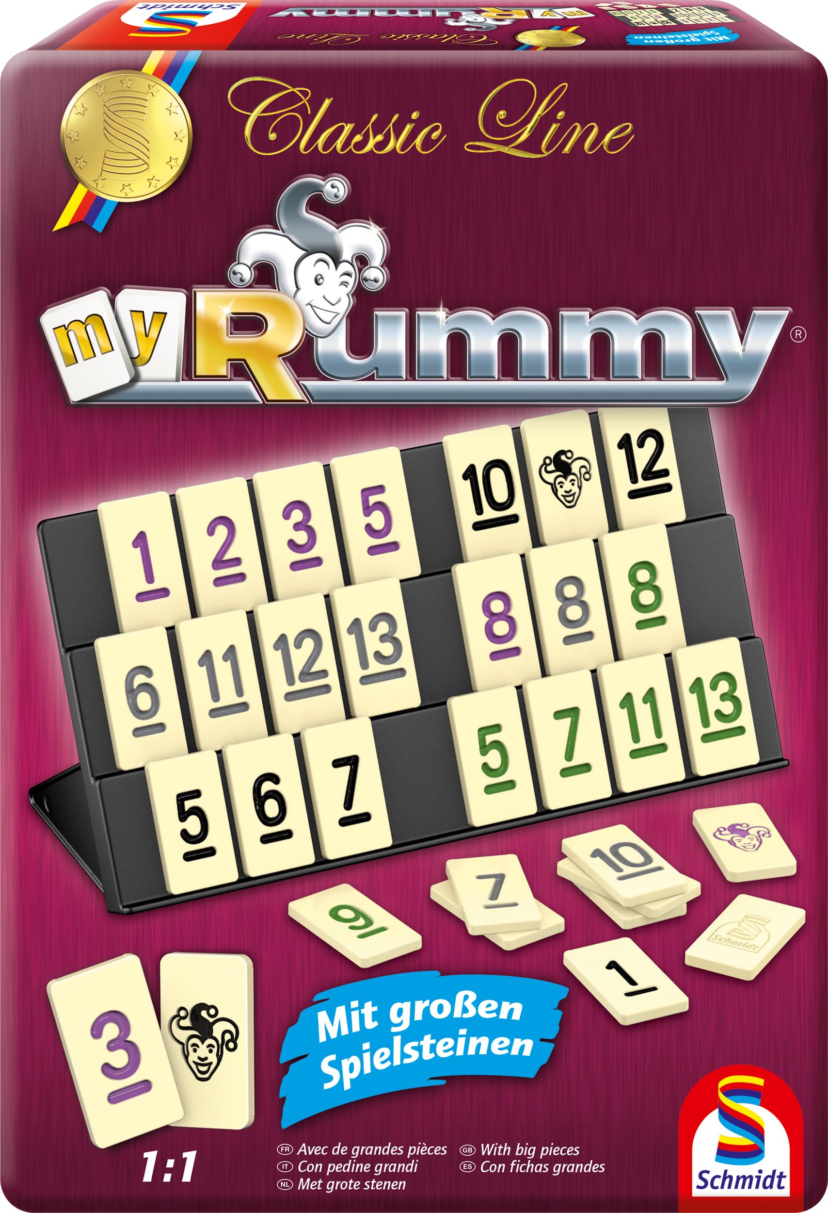 Schmidt Spiele 49474 MyRummy, Classic Line, Legespiel mit großen Spielsteinen, in Einer Metalldose