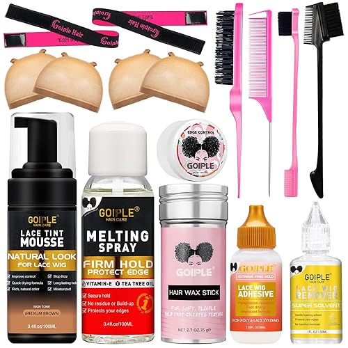 Mousse de cabello fundido de encaje para pelucas y postizos de mujer, juego de herramientas de spray de tinte de acabado natural (marrón medio)