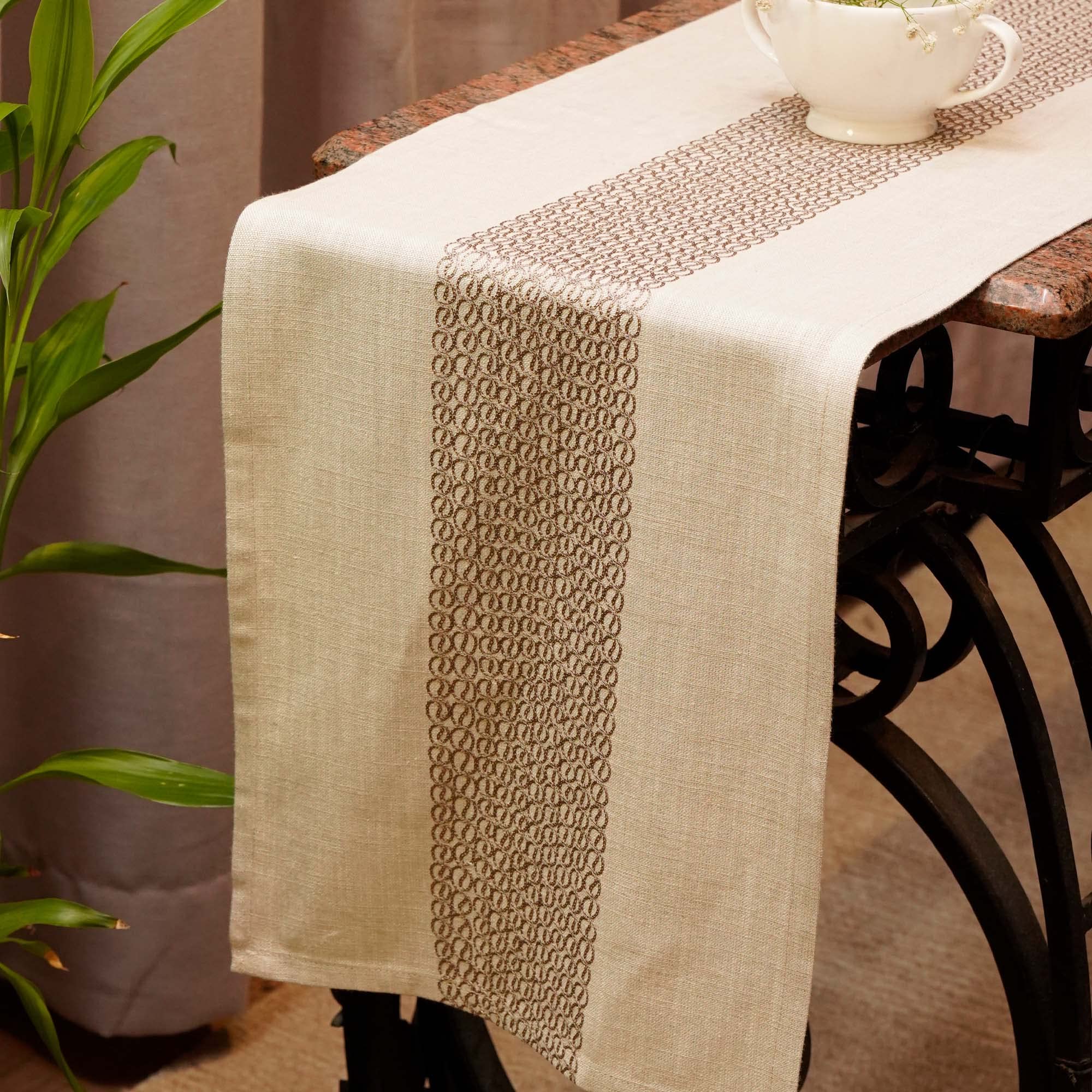 ZEBA World 100% Cotton Embroidered Table Runner – Beige, 30x210 cm (12x84 Inch) – Elegant Dining Table Runner for 4/6 Seater – Durable & Stylish for Dining Room, Living Room, Home Decor