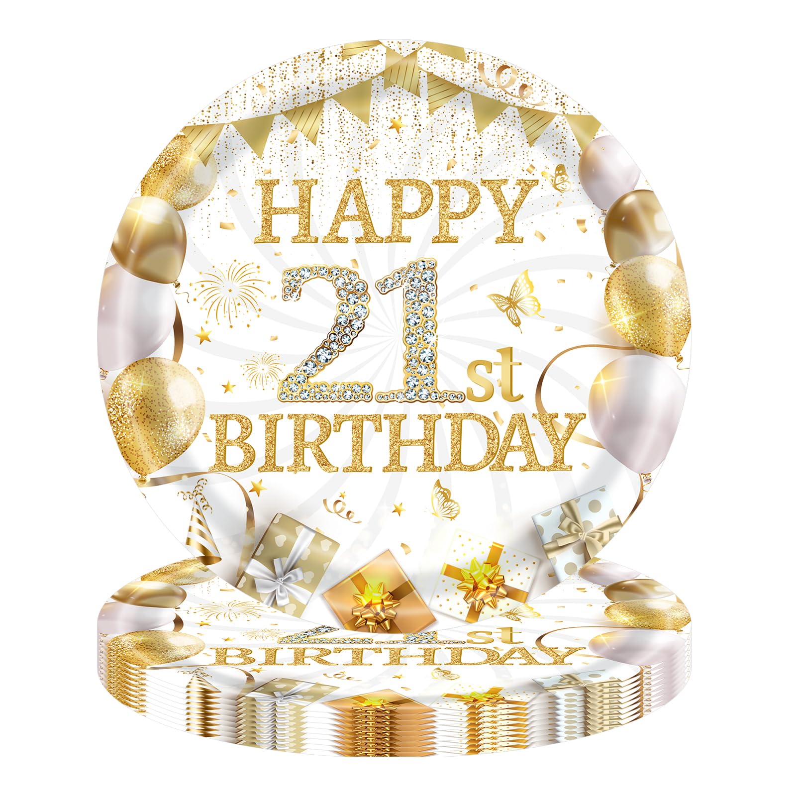 YESAH 16 Pcs Birthday Party Paper Plates,21st White Gold Paper Plates for Birthday,9in,Party Plate for Men,Women,Him,Her Birthday Party Decorations and Supplies Table Decor for 16 Guests