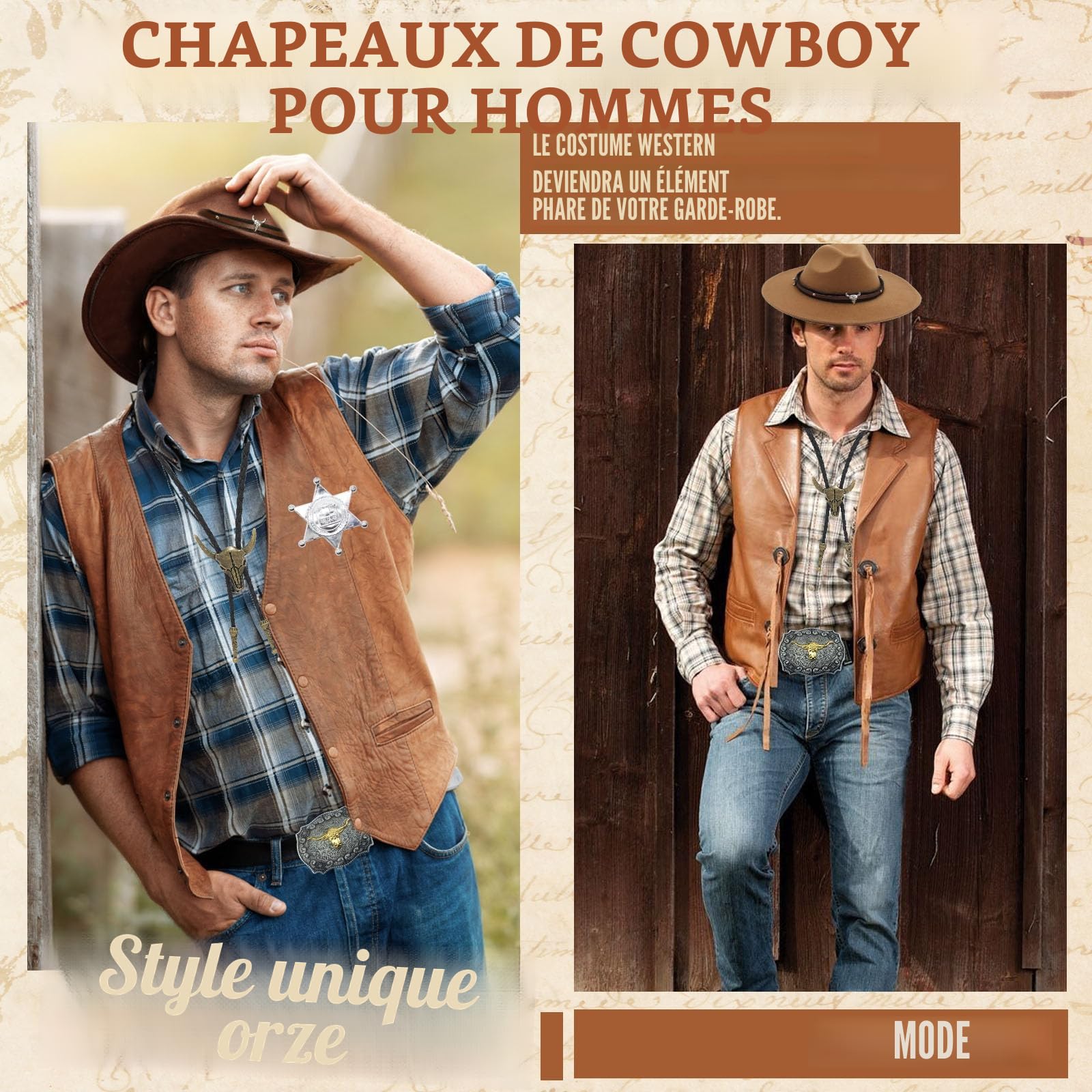 8 Pièces Cowboy Costume Accessoires Set, Marron Cowboy Fancy Dress Kit avec Chapeau Bandana Insigne Ceinture Collier Vintage pour Adulte Hippie Carnaval Cosplay (Marron)