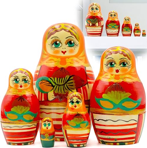 AEVVV Juego de 5 muñecas rusas de anidación - Muñeca rusa en vestido naranja con avellanas - Matryoshka con decoraciones naranjas - Muñecas de arte disponible en Yaxa Colombia