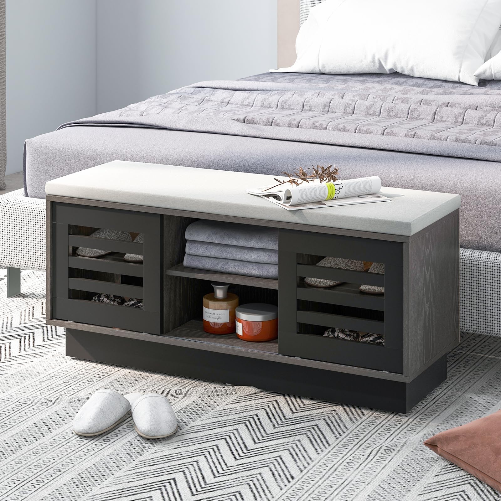 HOMASIS Panca Scarpiera con Cassetti, Portascarpe Ingresso con Seduta Imbottita, Scarpiera con 3 Ripiani Regolabili e 2 Ante Scorrevoli, Panchetta in Legno per Corridoi, 99,5 x 34,5 x 46 cm (Nero)