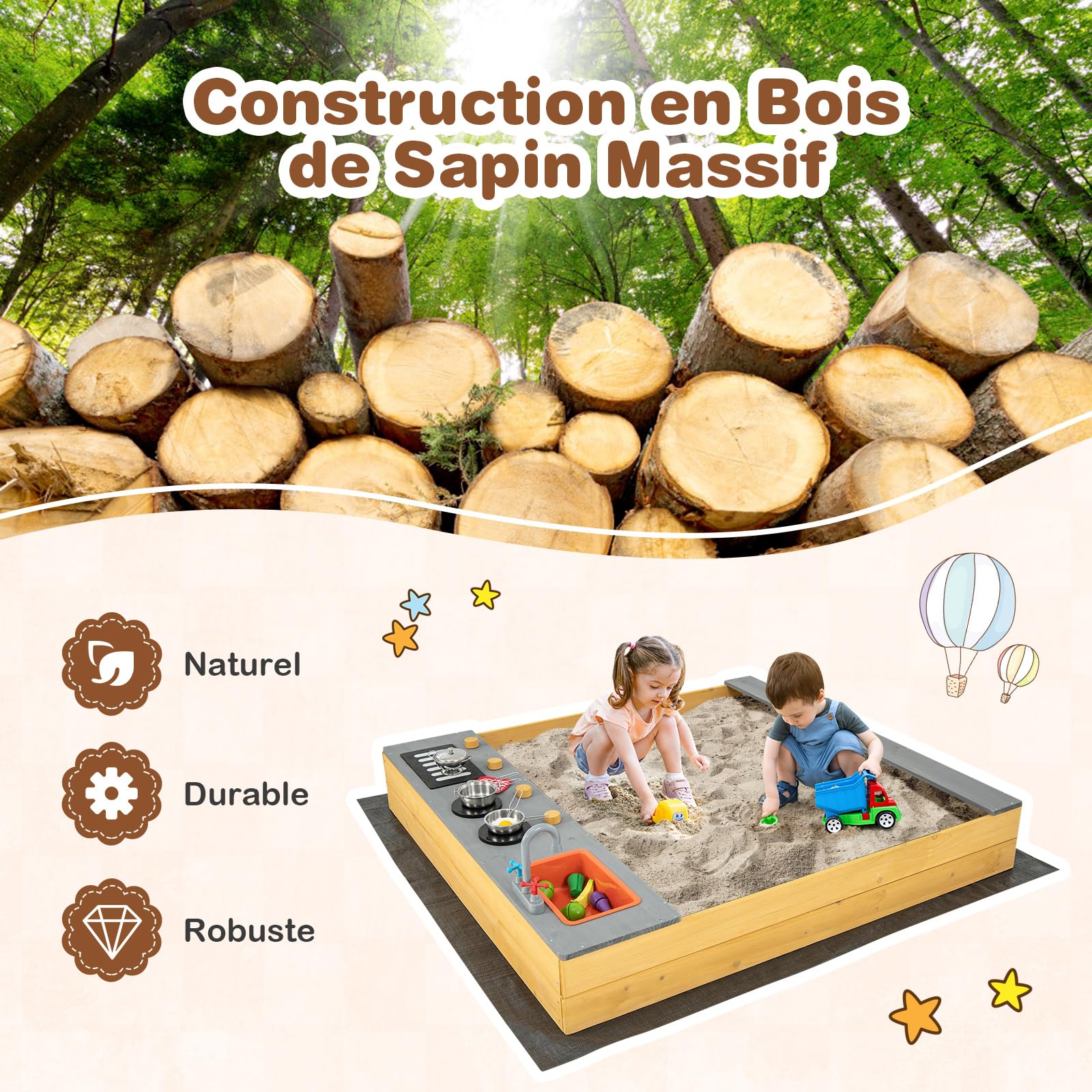 GOPLUS - Bandeja de arena de madera con banco de 135 x 125 cm, 3 en 1 bandeja de arena exterior con tapas, juego para niños de 3 a 8 años con utensilios de cocina para jardín, césped, playa