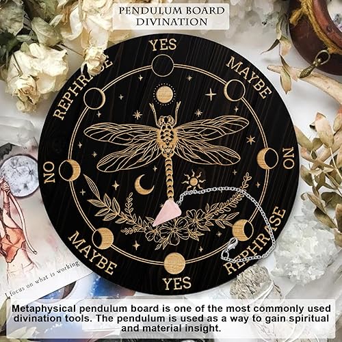 Miniatura 6 de AHANDMAKER Tabla de péndulo de bruja de 7.8 pulgadas, plancha de madera para radiestesia con péndulos de cristal de cuarzo rosa, herramientas de