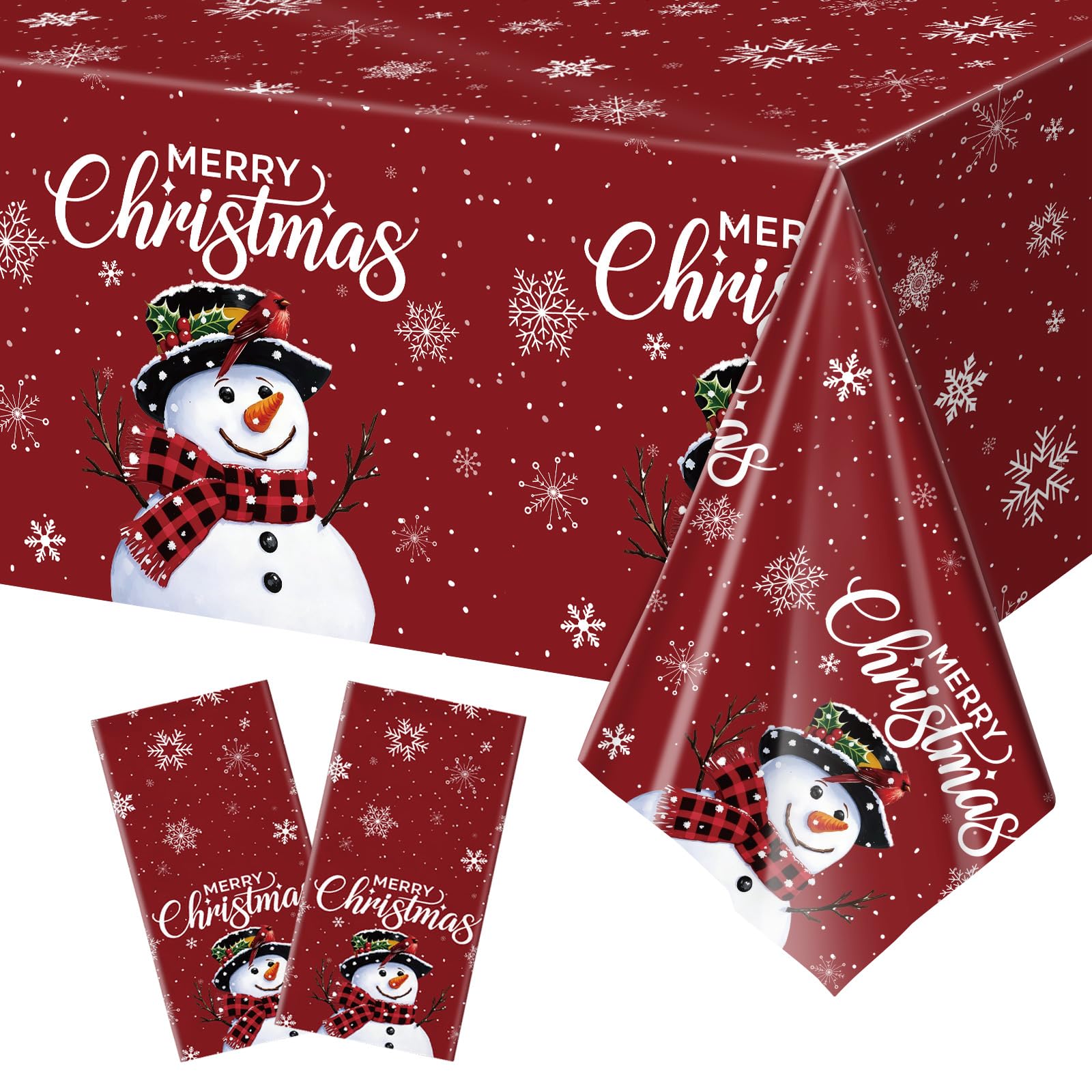 2pcs Red Snowman Christmas Table Cloth Party,137x274cm Rectangle Xmas Tablecloth Dinner Table Cover Christmas Tableware Snowman Plastic Tablecloths for Winter Holiday Christmas Party Table Decorations