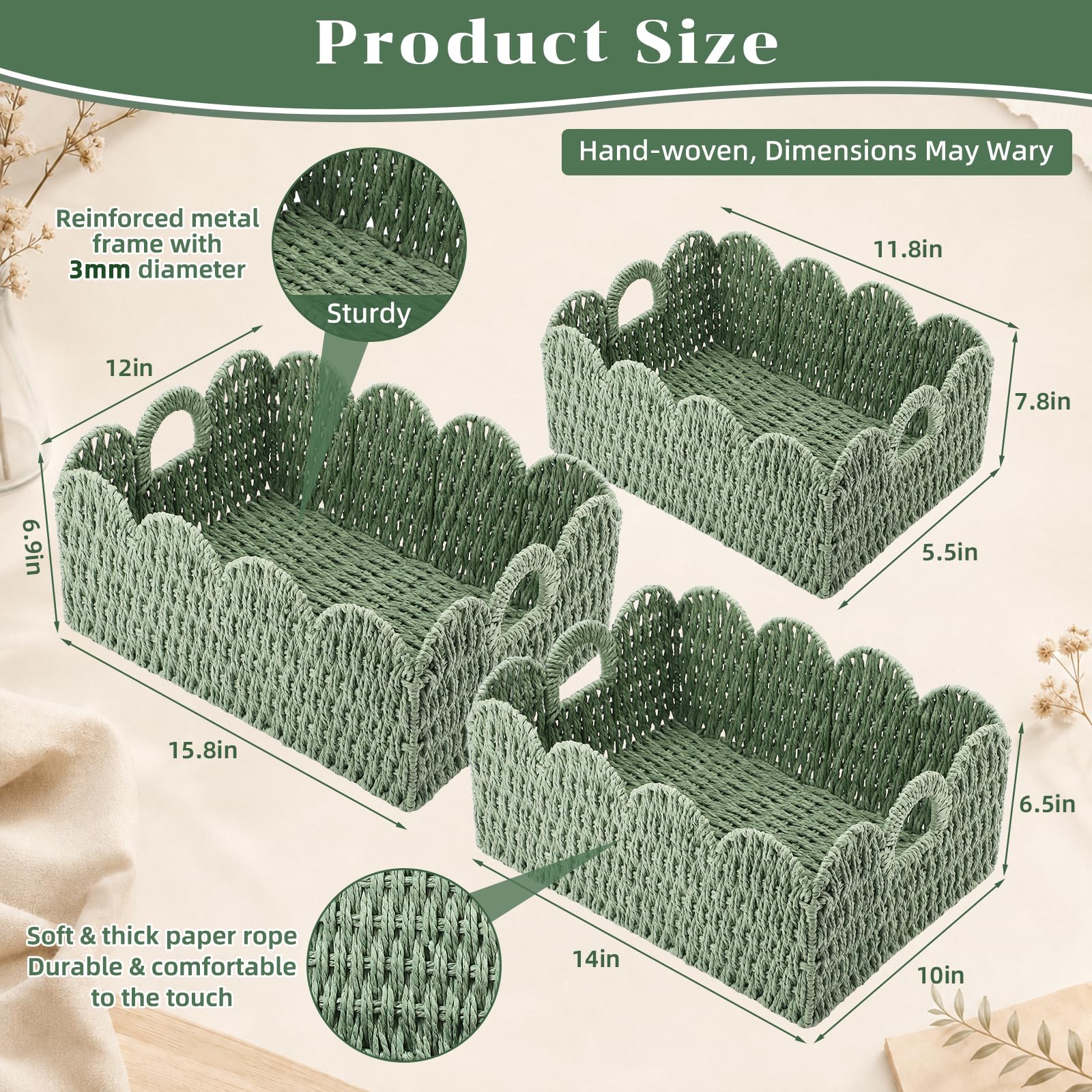 Newtay Juego de 3 cestas de mimbre festoneadas de cuerda de papel, cestas de almacenamiento de pañales, contenedores tejidos decorativos verde salvia con asas para estantes de guardería, libros