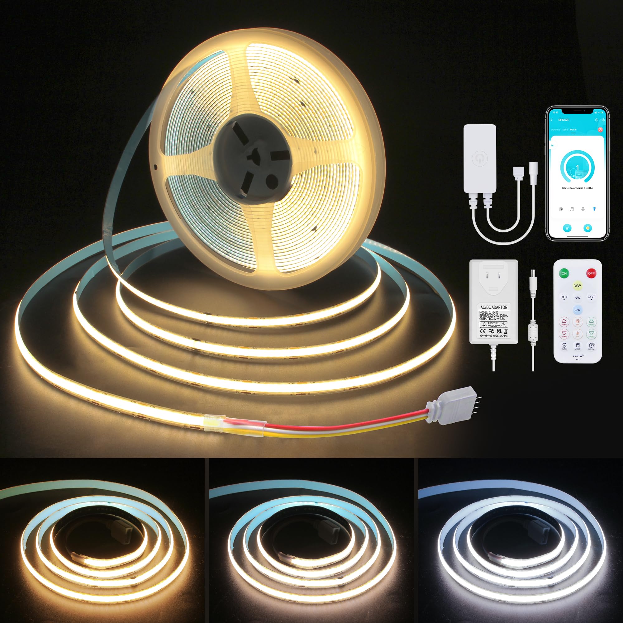 ALITOVE Striscia LED da 24 V, 10 m, dimmerabile, bianco, 2700 K ~ 6500 K, con controllo tramite app | Telecomando RF, striscia luminosa LED autoadesiva, flessibile, 608 LED/m, per illuminazione sottopensile, cucina, TV