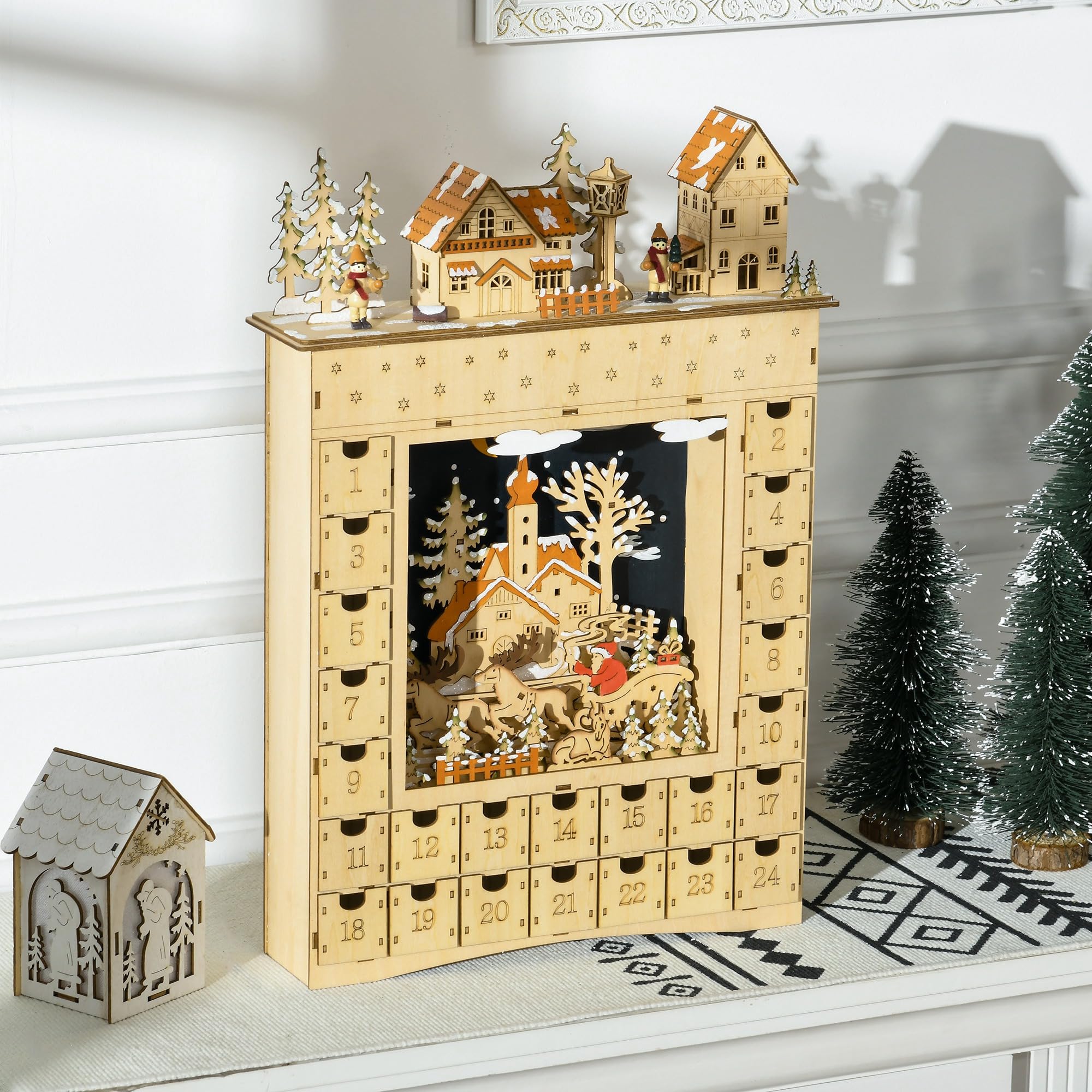 HOMCOM Calendario de Adviento para Llenar con Iluminación LED y 24 Cajones Cuenta Regresiva Calendario de Adviento de Madera de Navidad Decoración en Mesa 36x9x52 cm Natural