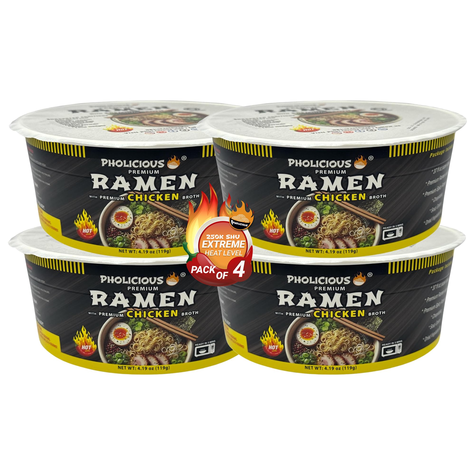 All New Extra Spicy Chicken Ramen Noodles – Premium Instant Ramen Bowl with Real Broth Mix with Spices, Asian Food, Microwavable Cup for Lunch, Meals & Snacks - Chicken Flavor (4 Pack)