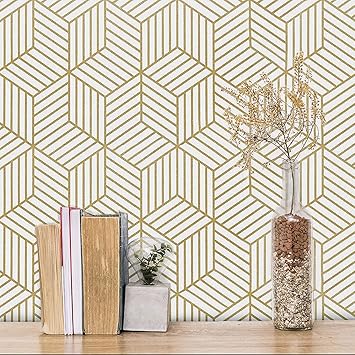 FOKRIM Gold and White Geometric Wallpaper for Walls Sticker 45x300cm (14-SQFT) Peel and Stick, Removable Self Adhesive, Waterproof Wallpaper, Elegant Wall Decor for Home and Office - image, photos