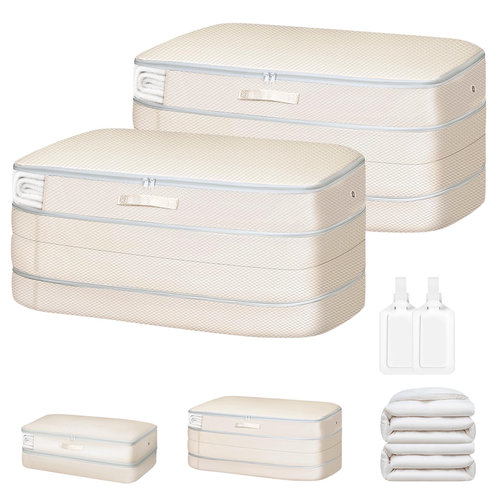 Easortm Comforter Storage Bag - Large Capacity Bedding Storage Bags Ultra Space Saving Self Compression Organizer, Washable Compression Bags for Storage Comforter Blanket Duvet Pillow, 2-Pack, Beige