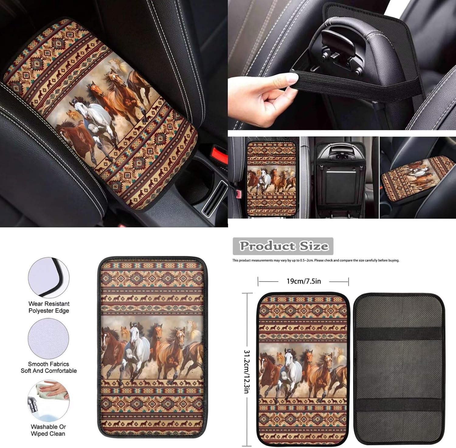 Tribal Horse Car Seat Covers Full Set 12 Pcs Car Steering Wheel Cover Center Console Cover Fashion Auto Seat Belt Covers Gear Lever Cover Fit for Most Cars, SUVs