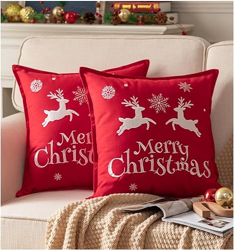 Juego de 2 fundas de almohada navideñas de 18 x 18 pulgadas, juego de 2 fundas de almohada bordadas para decoraciones navideñas, decoración moderna