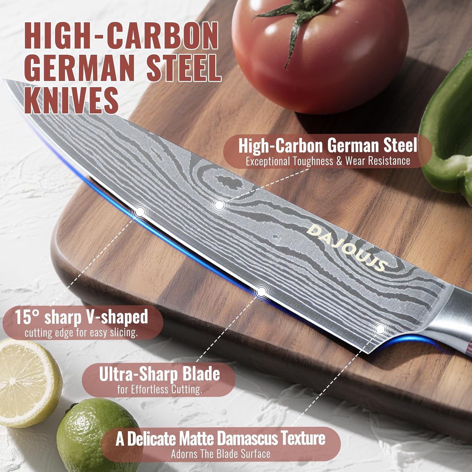 8-Pieces Kitchen Knife Set - High Carbon Stainless Steel Magnetic Knife Block Set with Sharpener Sharp Knives Set for Cooking with Ergonomic Handle
