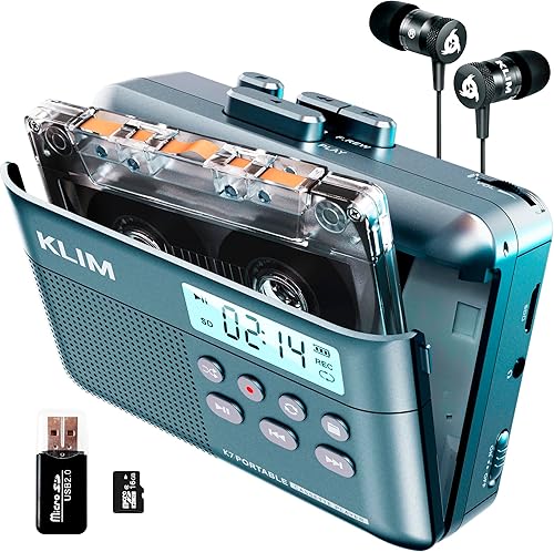 KLIM Reproductor de cinta de casete K7 - Convertidor de casete a MP3 - Portátil - Micrófono y altavoz integrados - Batería recargable - Auriculares