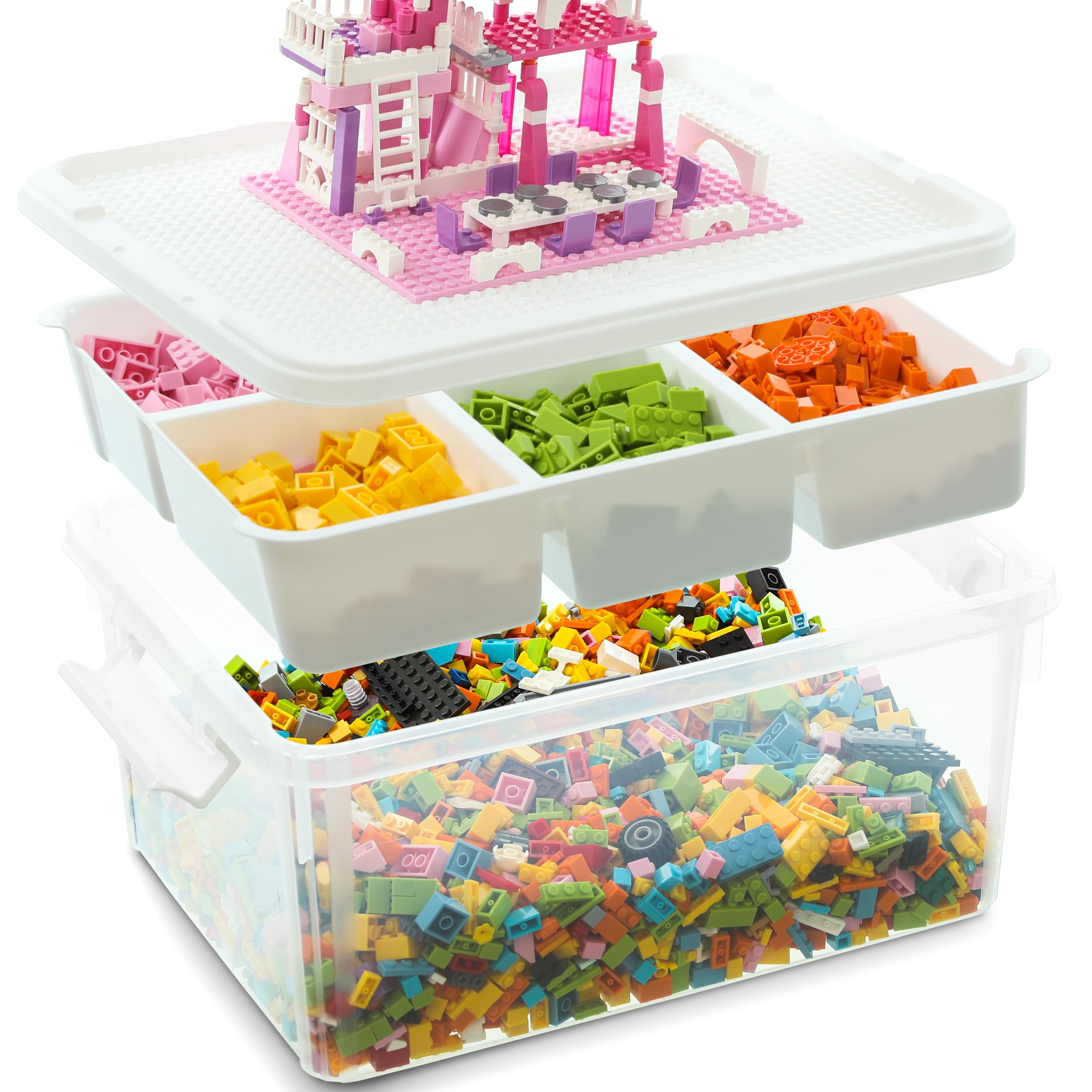 Citylife Aufbewahrungsboxen mit Deckel, 16L aus Kunststoff mit Gebäude Grundplatte Deckel und abnehmbarem Tablett, Craft Veranstalter | Clear Storage box für die Organisation von, Perle, Werkzeug