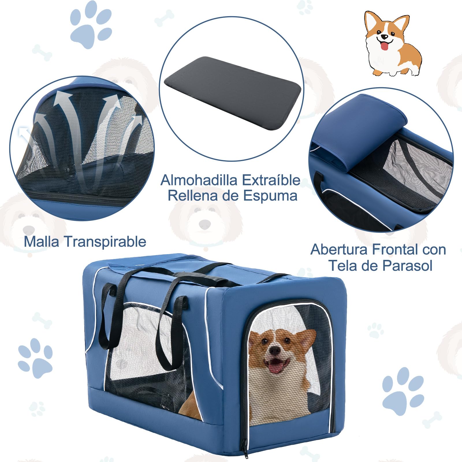 COSTWAY Cochecito para Perros Plegable, 3 en 1 Carrito para 2 Perros o Gatos, con 2 Transportines Desmontables, Cinturón de Seguridad, Cojines Desmontables, Carrito de Viaje para Mascotas (Azul)