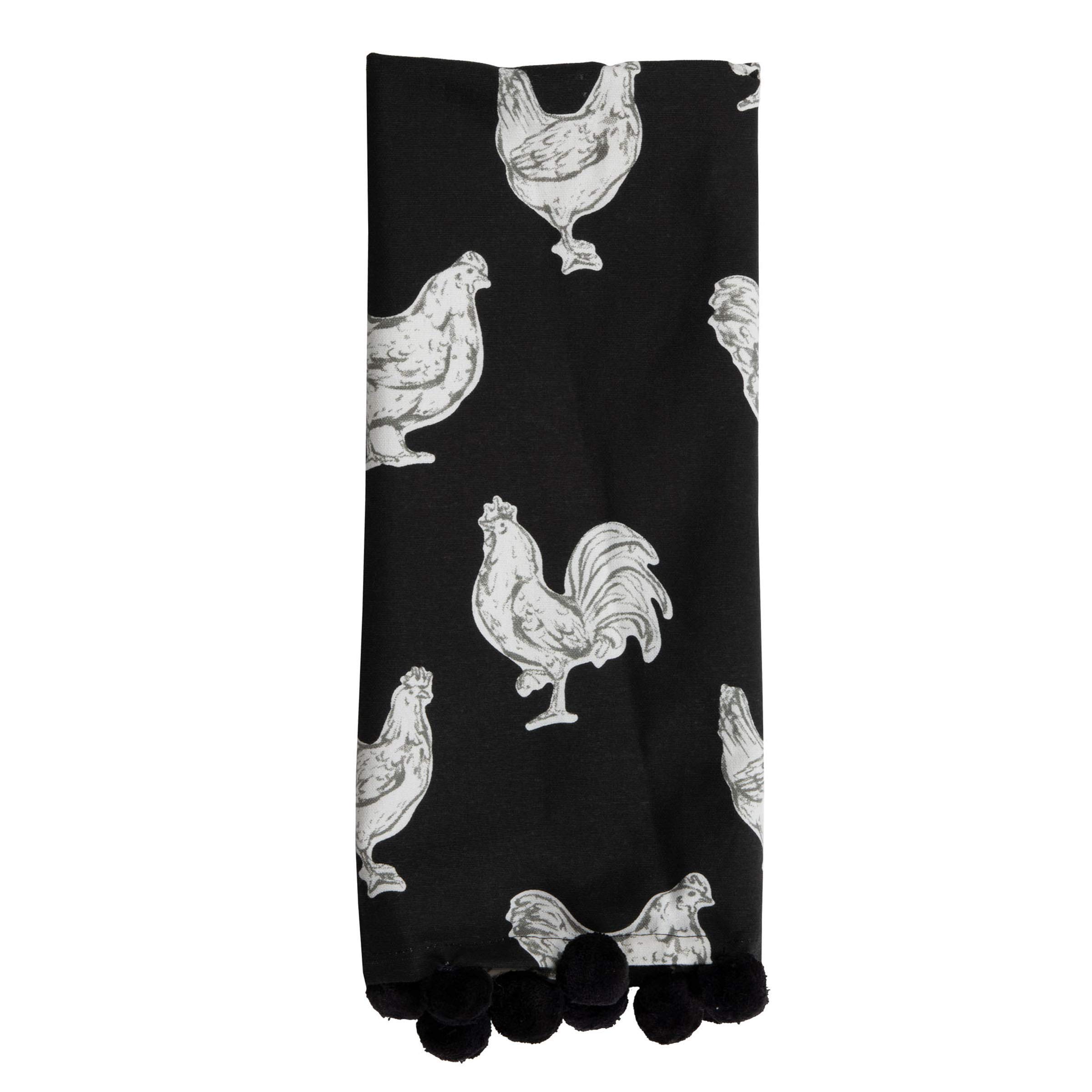 Foreside Home & Garden Black Tea Towel Chicken Pattern 27 x 18 Inch Woven Kitchen Hand Sewn Poms