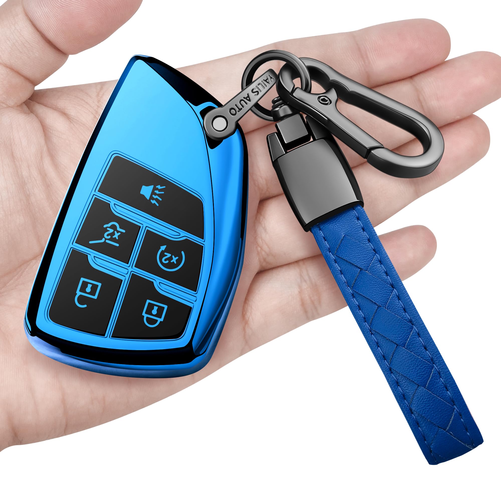 sindeda for chevrolet key fob cover with keychain soft full protection key shell key case compatible with 2021 - 2024 gmc yukon tahoe suburban 1500 chevy (5 buttons, blue)
