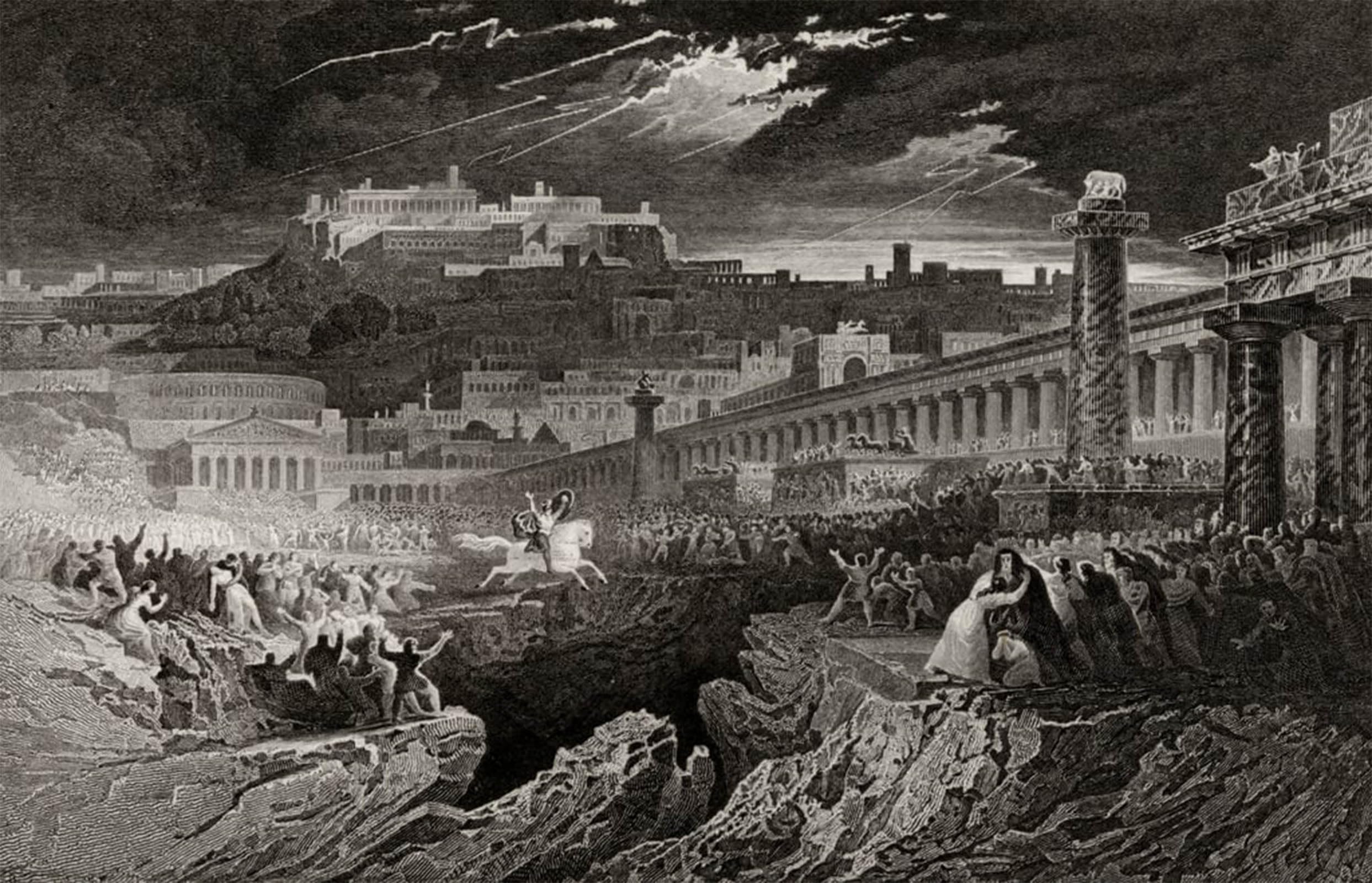 POSTERIIk Vintage Print Pop Art Landscape Artwork Marcus Curtius riding into the chasm engraved by John Martins Art Prints for Office Home Decor 60x90cm