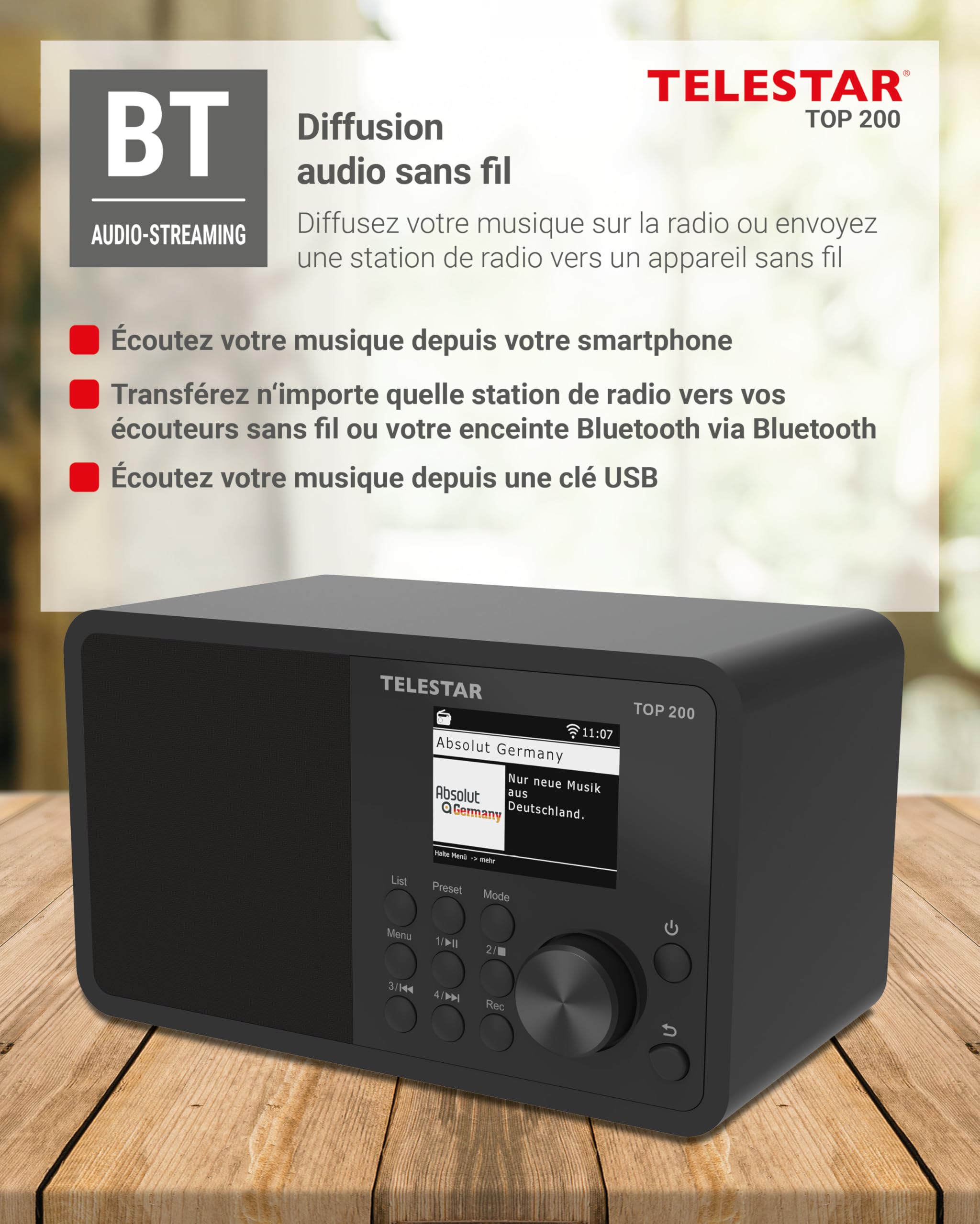 TELESTAR Top 200 – Radio Dab Plus -Internet (Mono, 10 W, Bluetooth Audio-Streaming & Fonction émetteur, Enregistrement USB, système d’Alerte d’Urgence, contrôle Via Application) – Noir